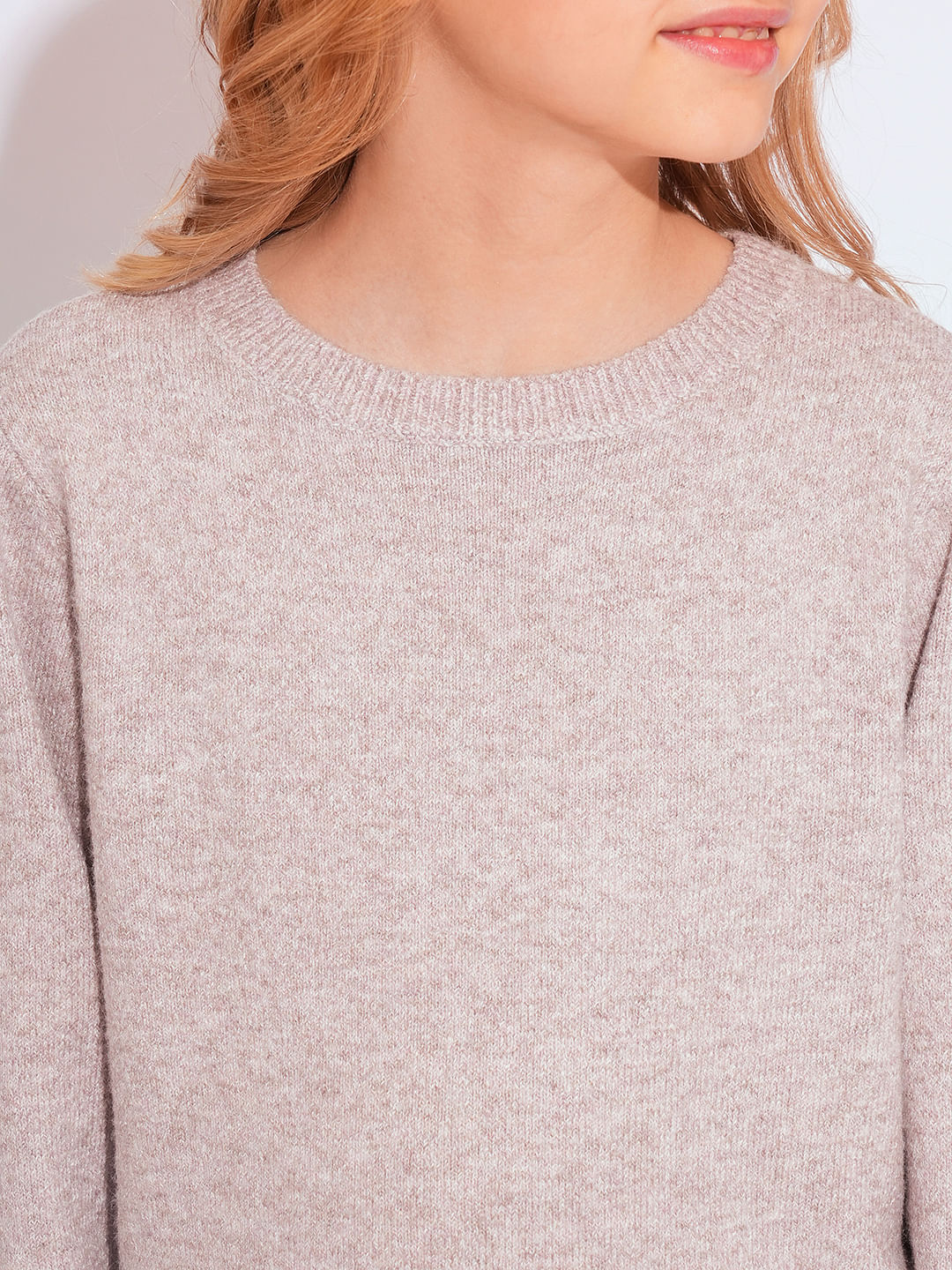 Girls Pink Melange O-Neck Pullover