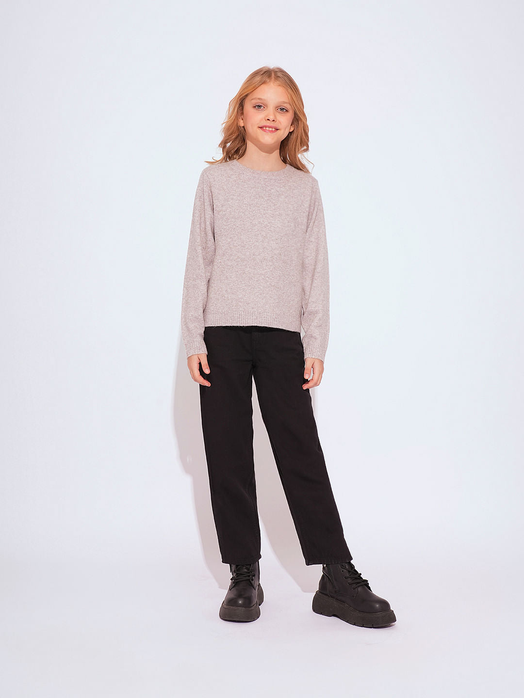 Girls Pink Melange O-Neck Pullover