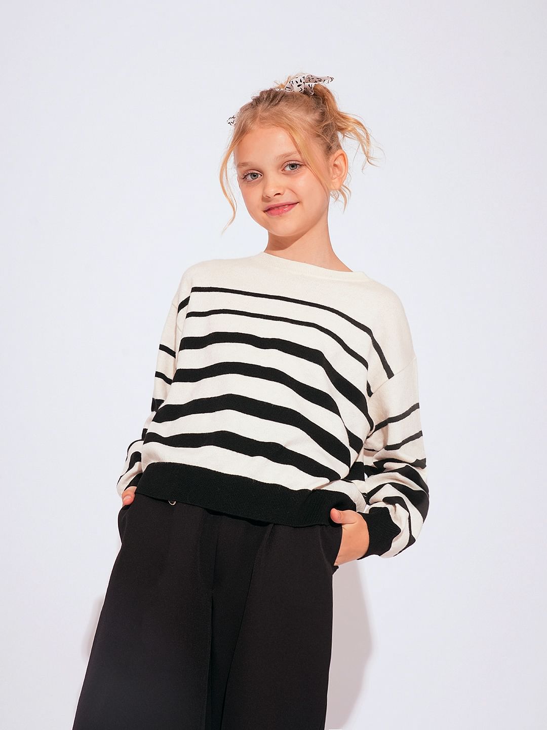 Girls Beige Striped Pullover