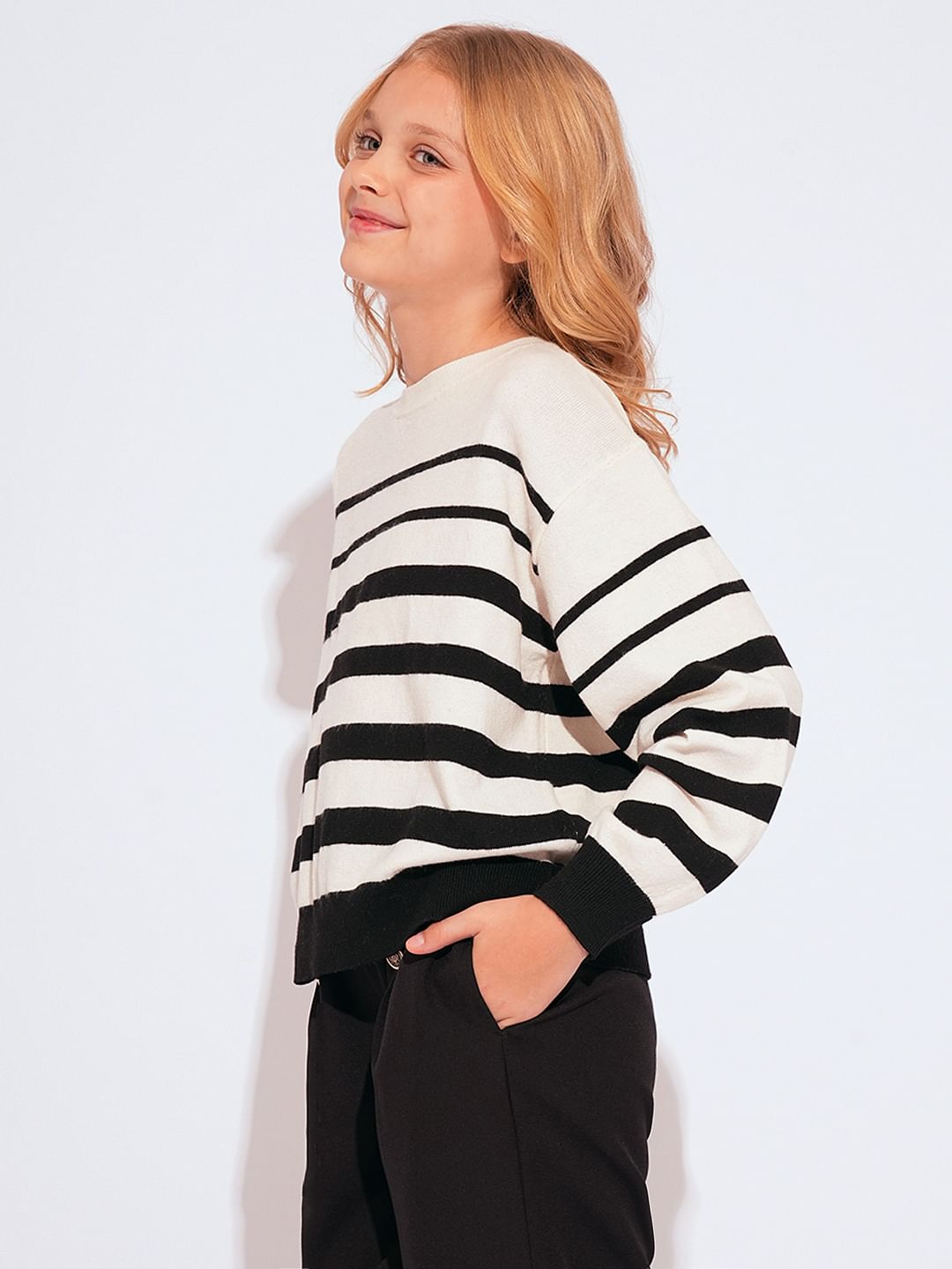 Girls Beige Striped Pullover