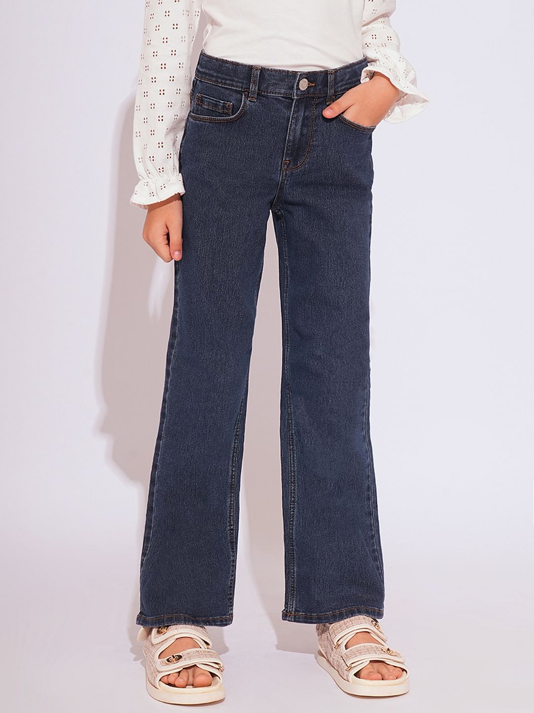 Girls Dark Blue High Rise Wide Leg Jeans