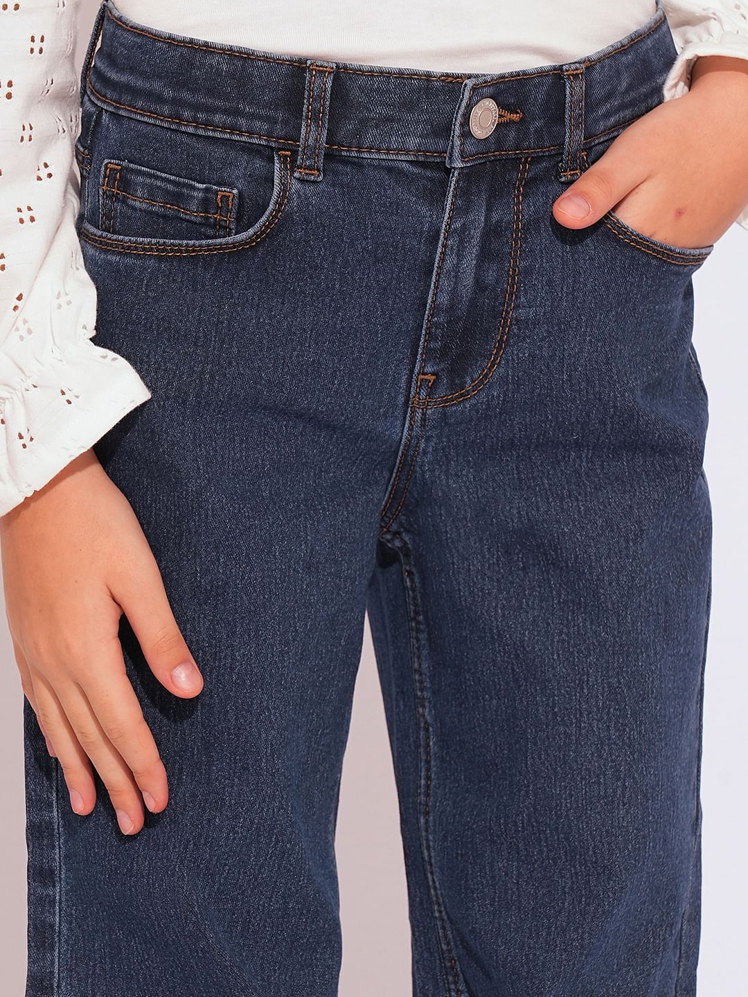 Girls Dark Blue High Rise Wide Leg Jeans