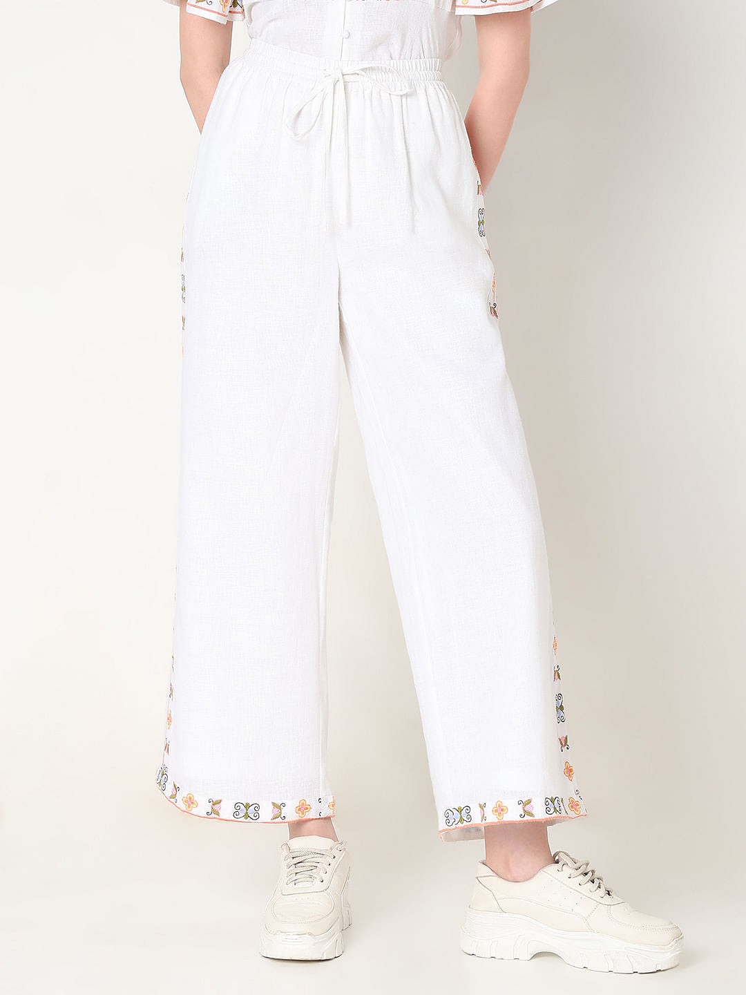 White High Rise Embroidered Co-Ord Set Pants