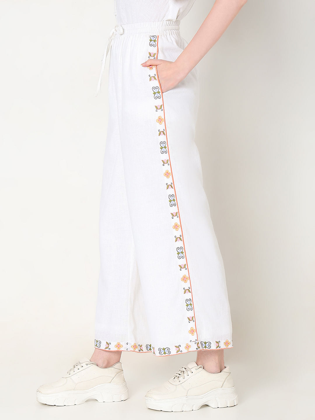 White High Rise Embroidered Co-Ord Set Pants