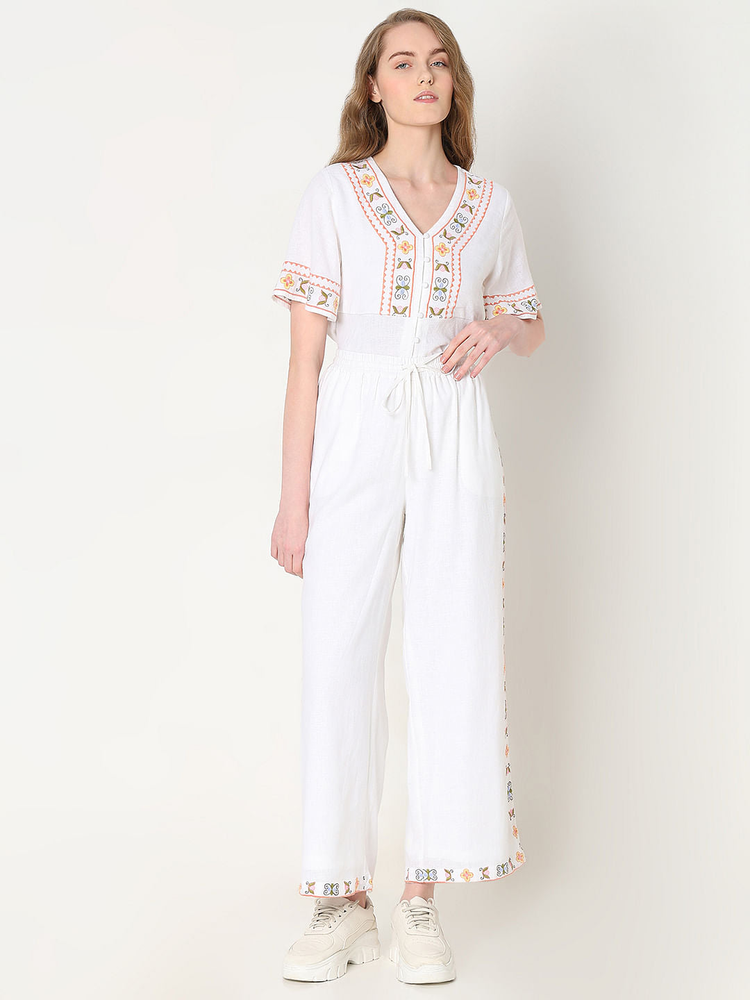 White High Rise Embroidered Co-Ord Set Pants
