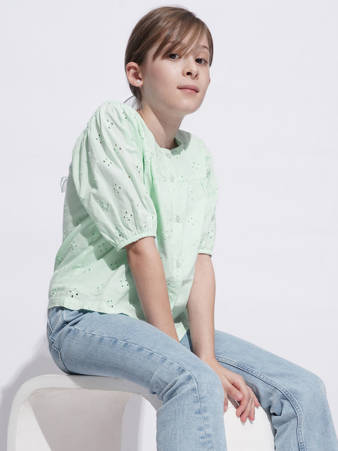 Girls Mint Green Schiffli Cotton Top