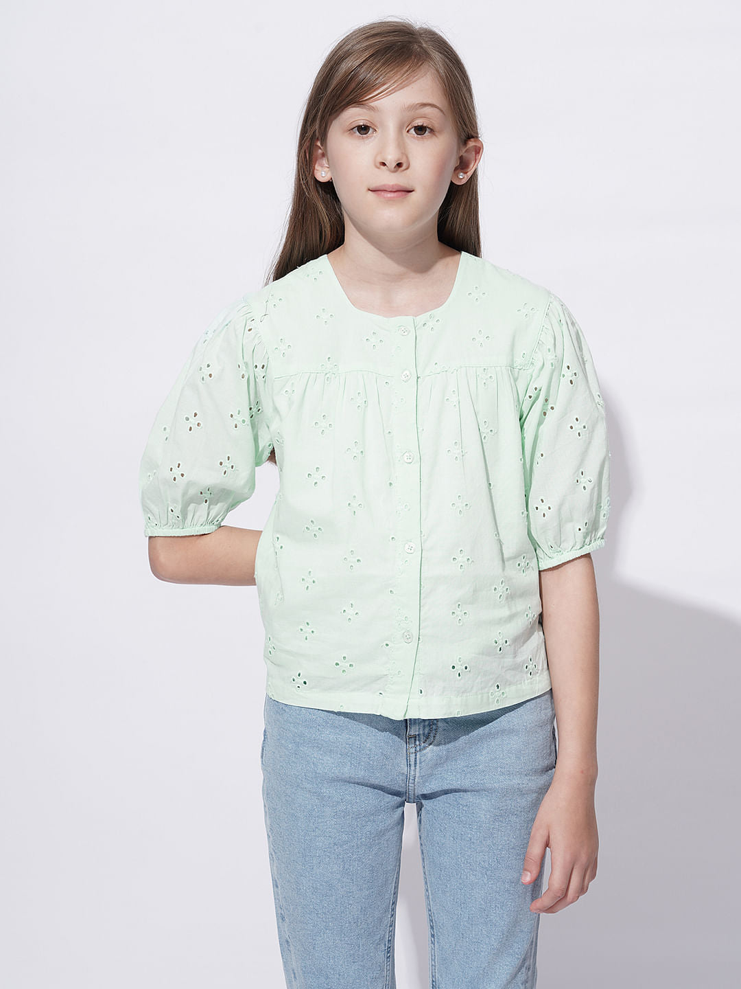 Girls Mint Green Schiffli Cotton Top