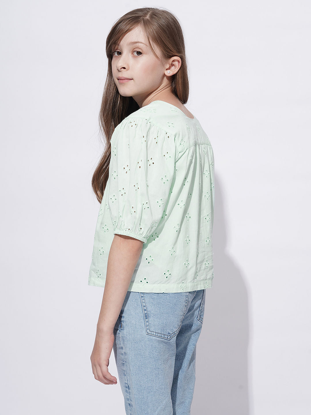 Girls Mint Green Schiffli Cotton Top