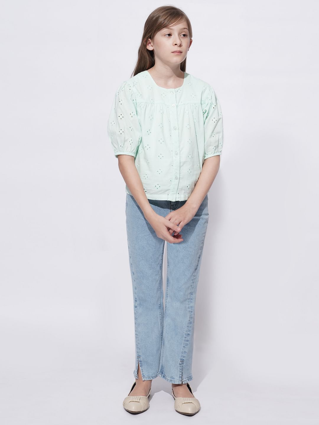 Girls Mint Green Schiffli Cotton Top