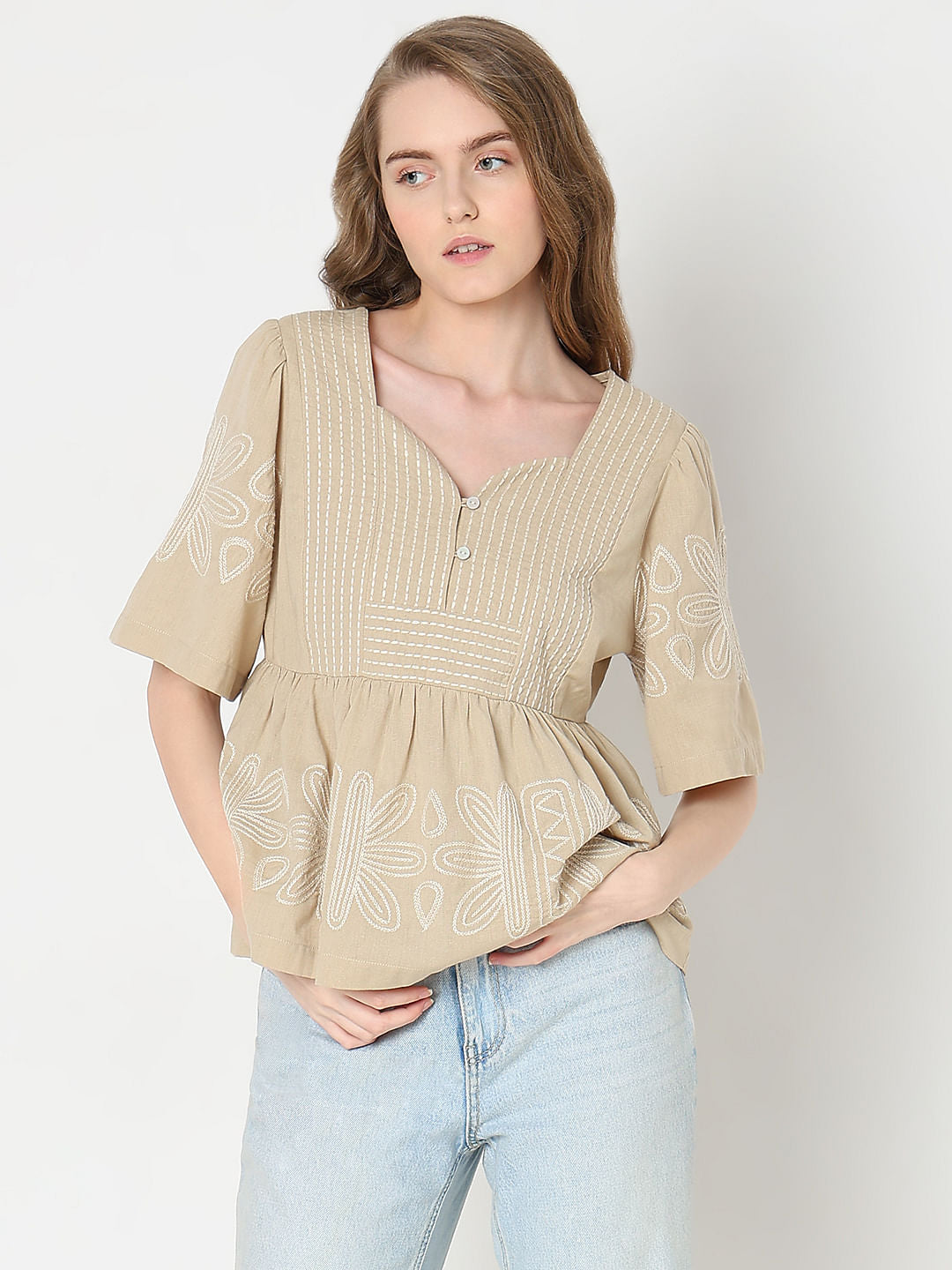 Beige Stitch Detail Peplum Top