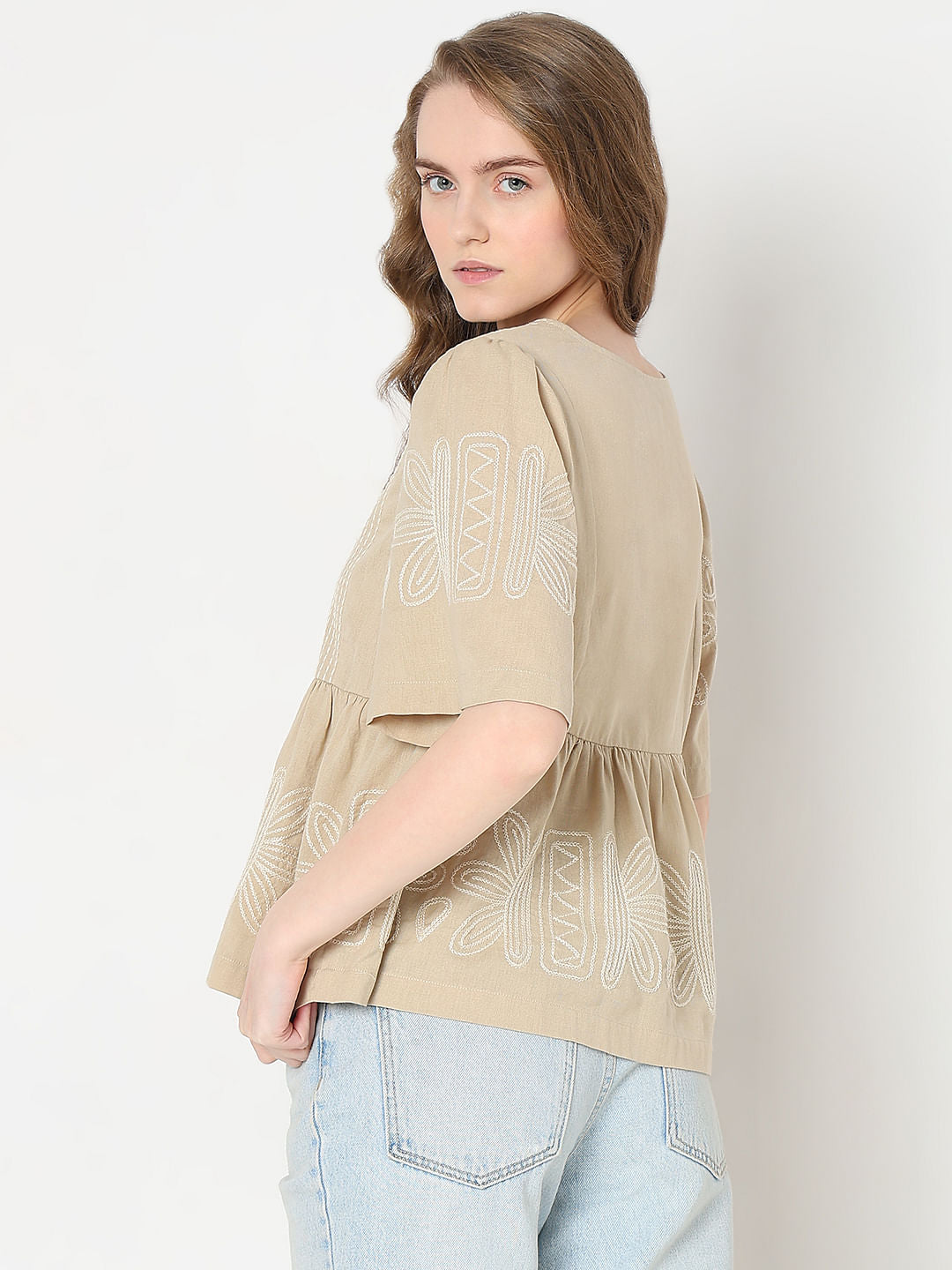 Beige Stitch Detail Peplum Top