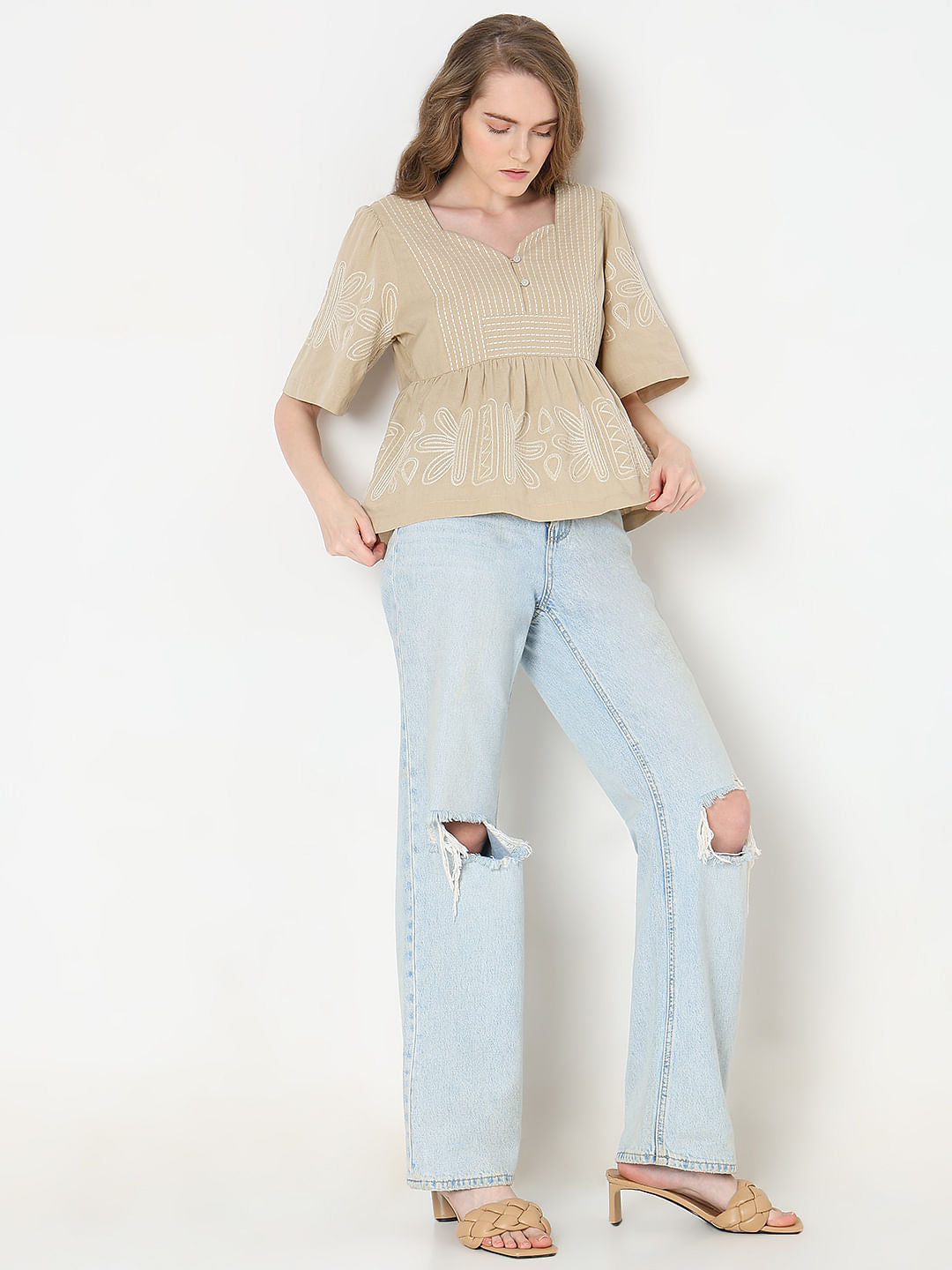 Beige Stitch Detail Peplum Top
