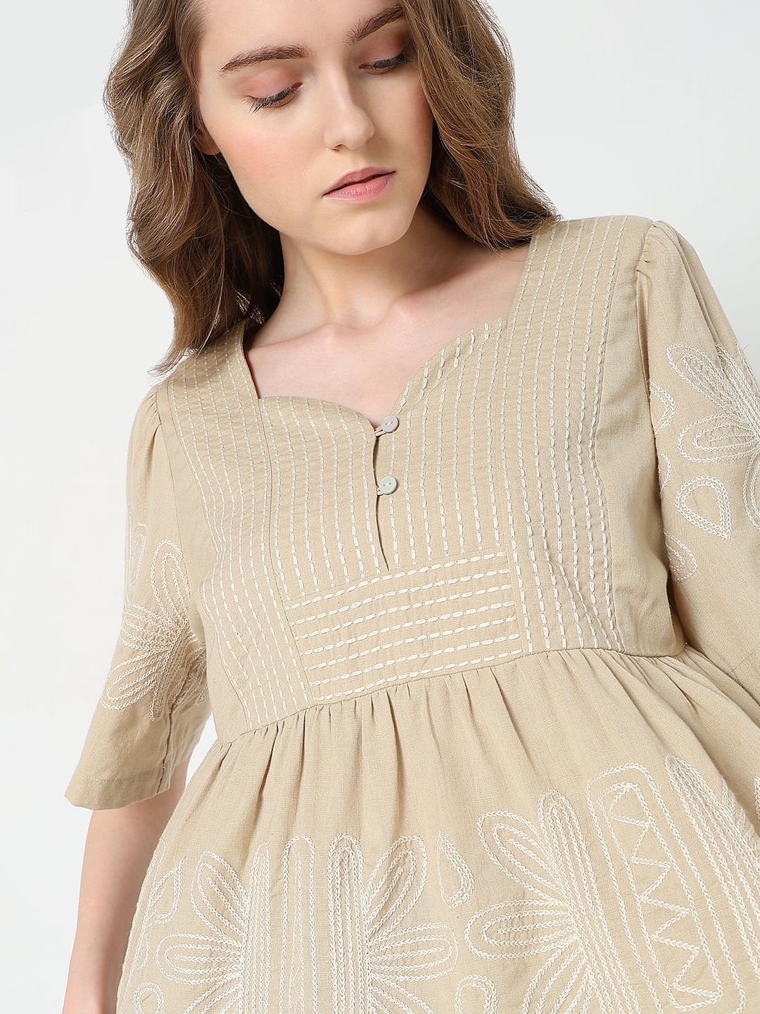 Beige Stitch Detail Peplum Top