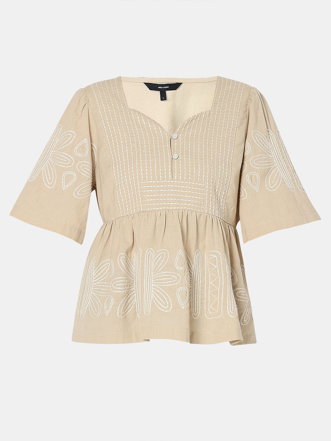 Beige Stitch Detail Peplum Top