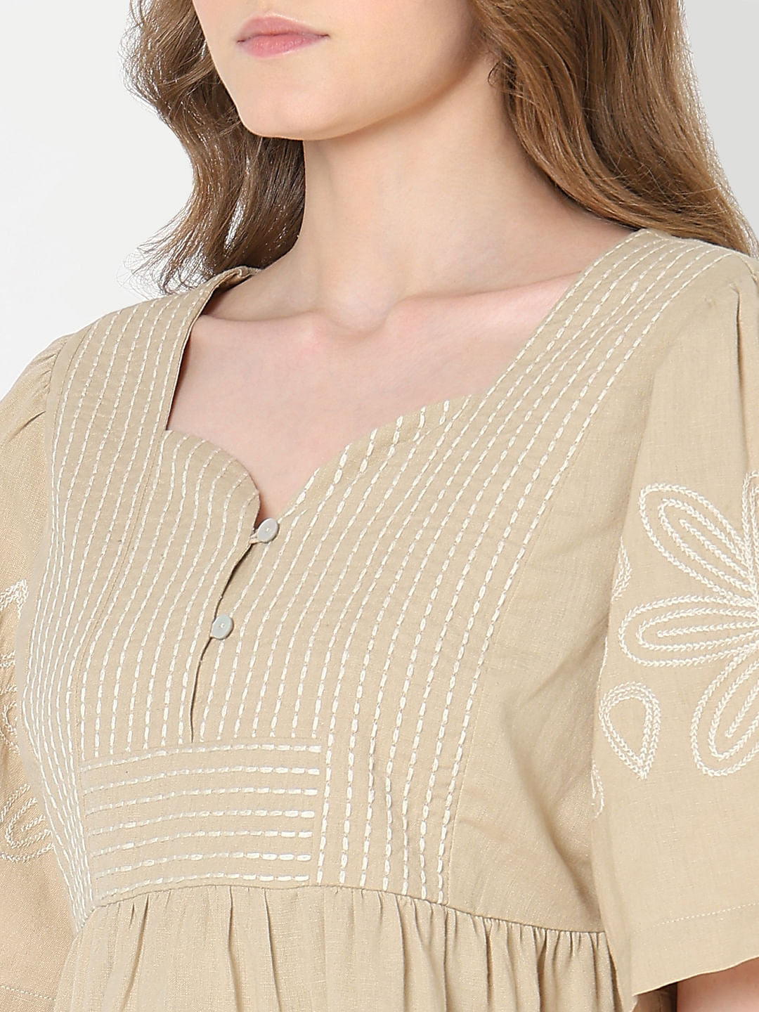 Beige Stitch Detail Peplum Top