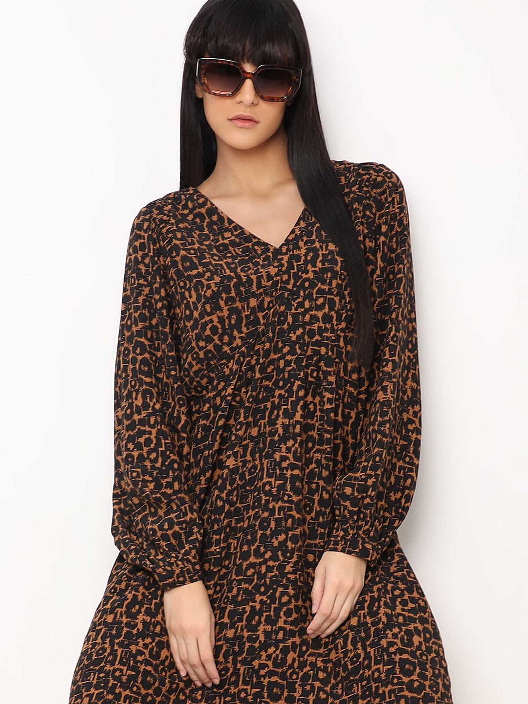 Brown Abstract Print Fit & Flare Dress