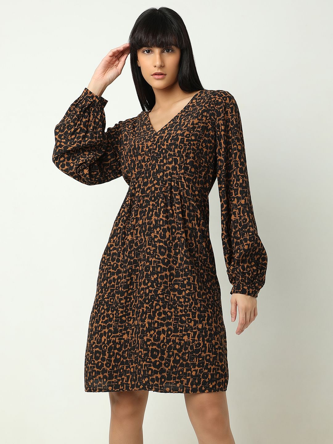 Brown Abstract Print Fit & Flare Dress