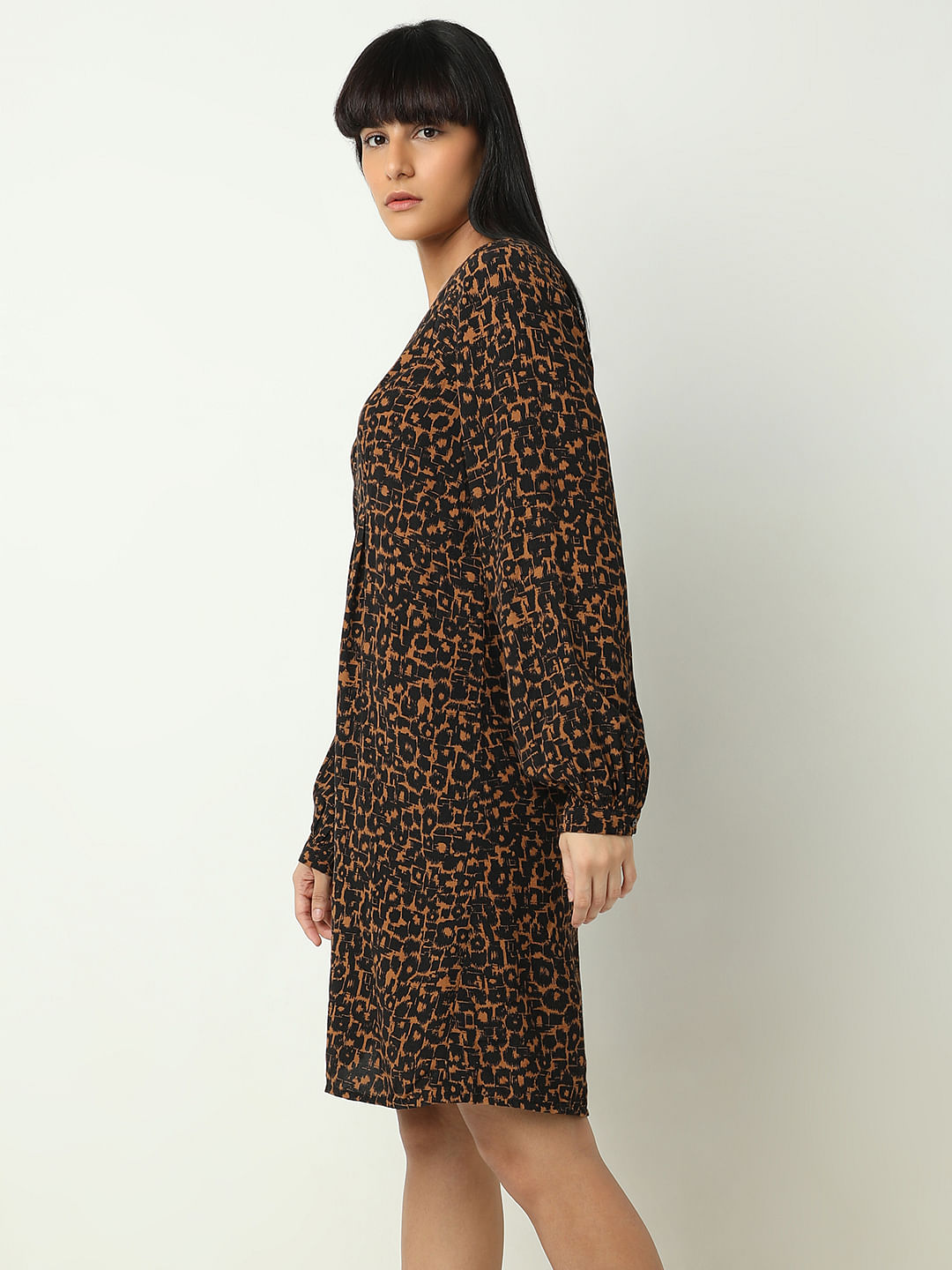 Brown Abstract Print Fit & Flare Dress