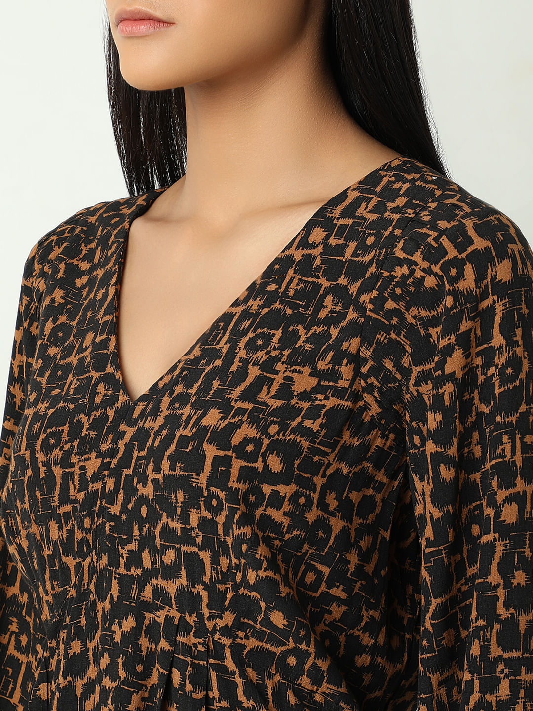 Brown Abstract Print Fit & Flare Dress