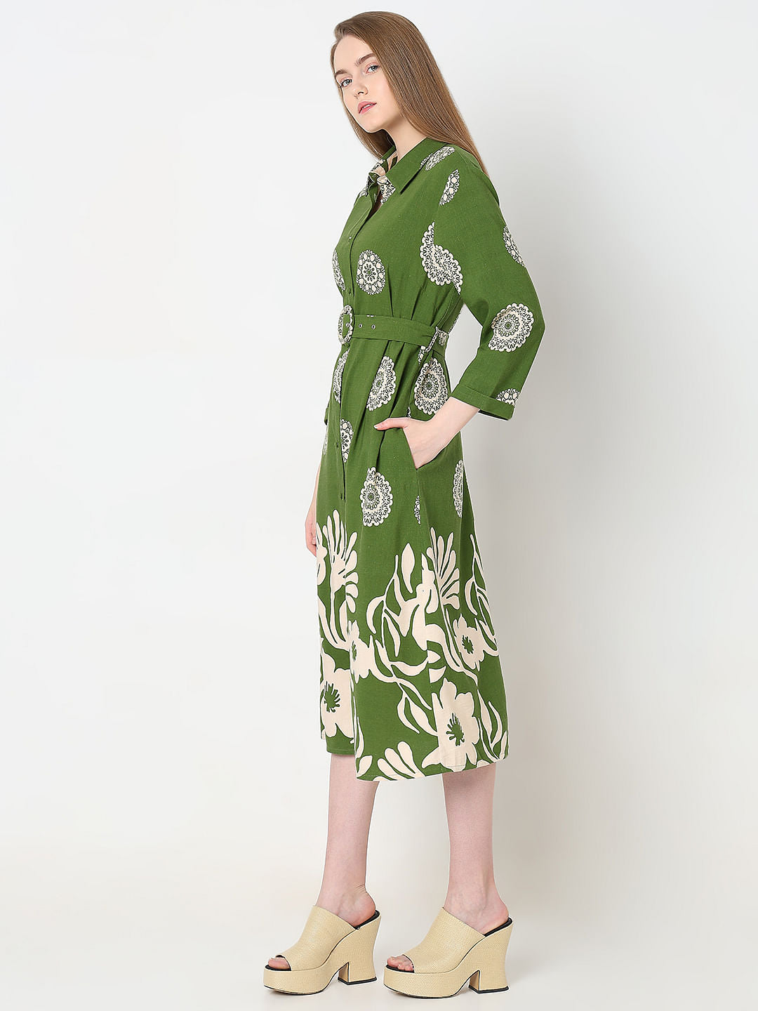 Green Printed Shirt Dress