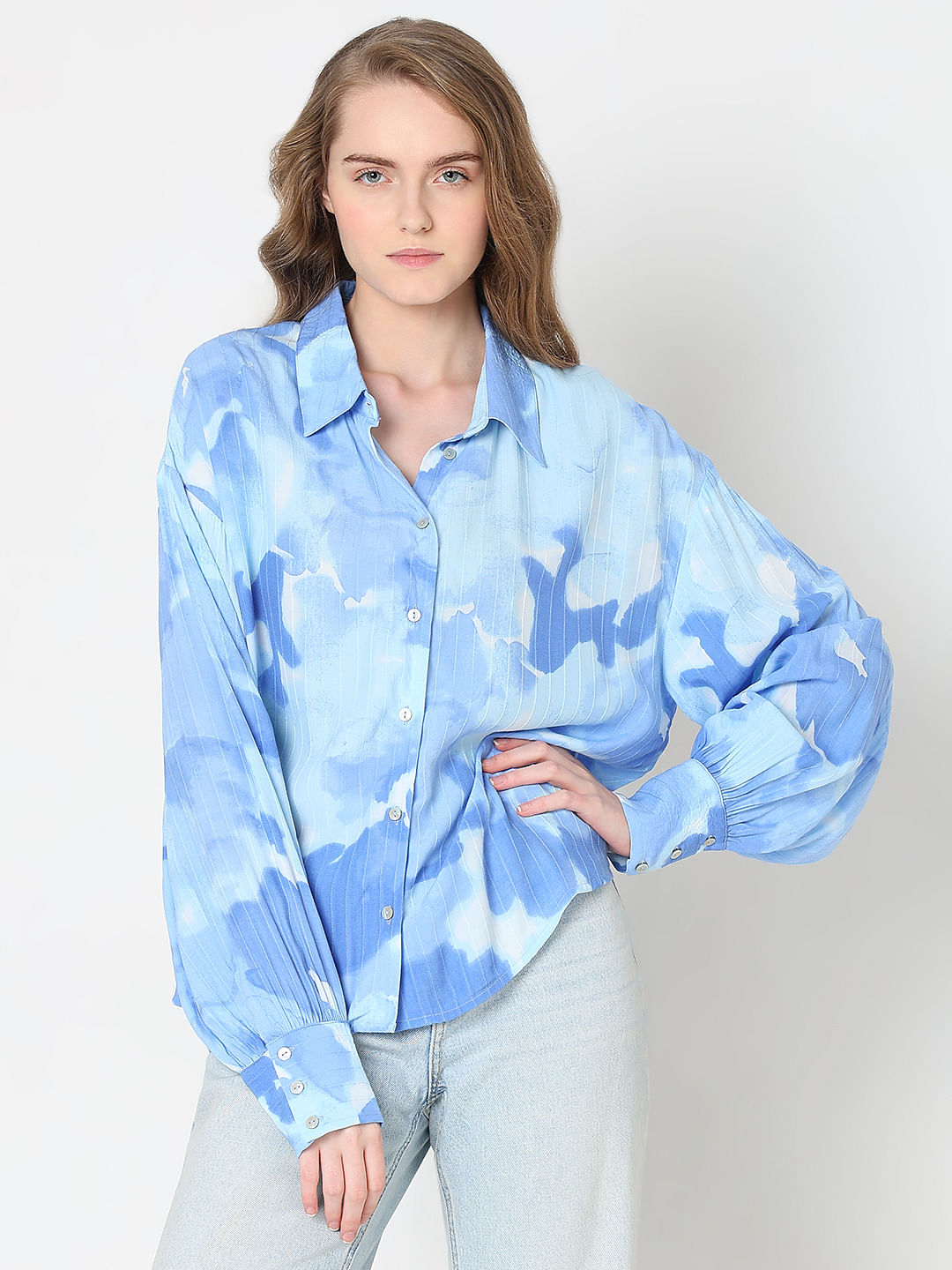 Blue Printed Asymmetric Shirt
