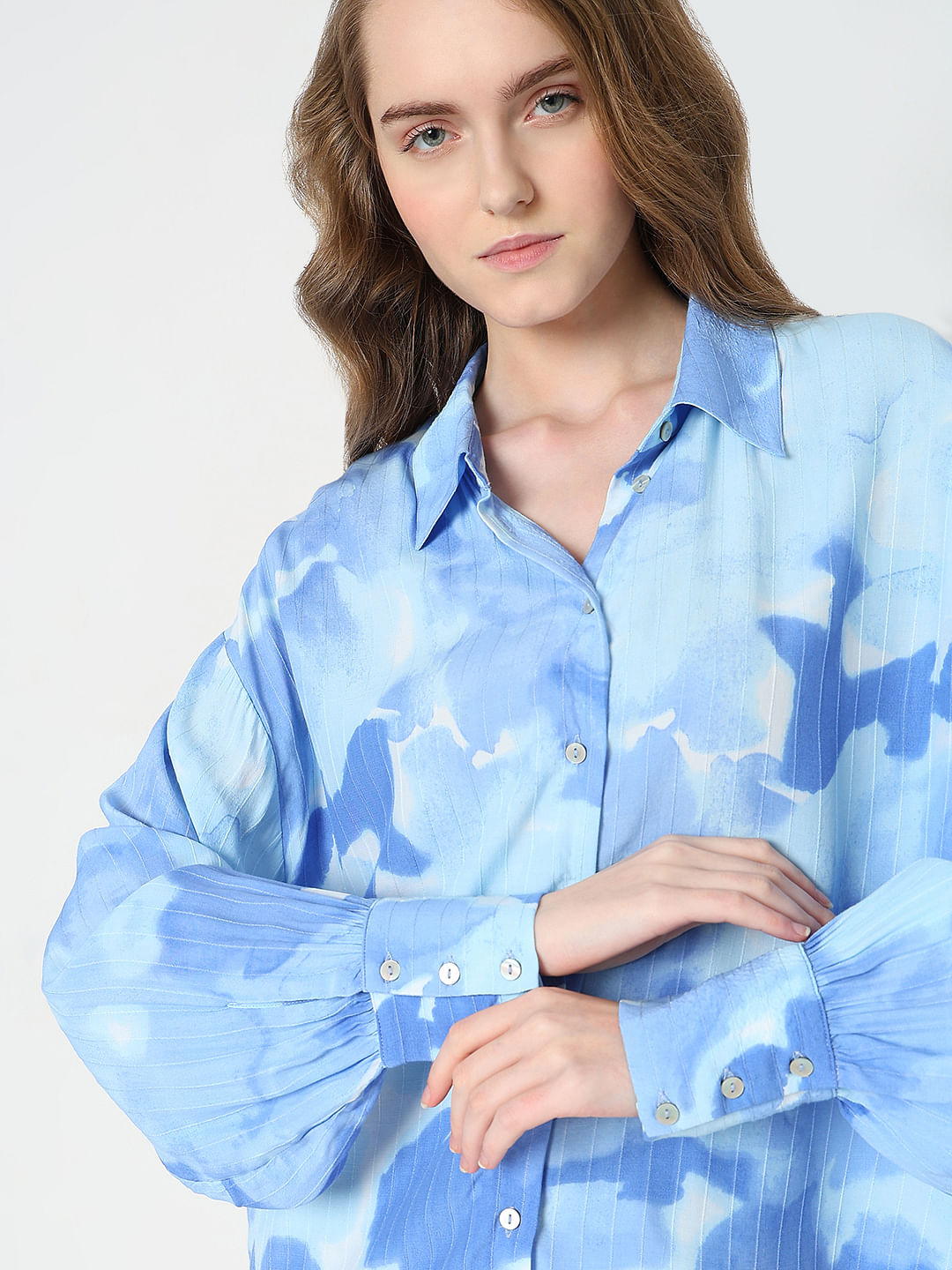 Blue Printed Asymmetric Shirt