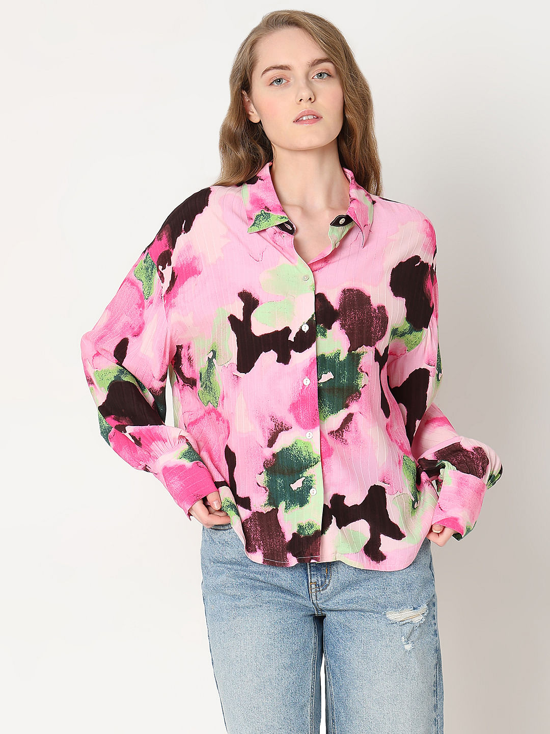 Pink Printed Asymmetric Shirt