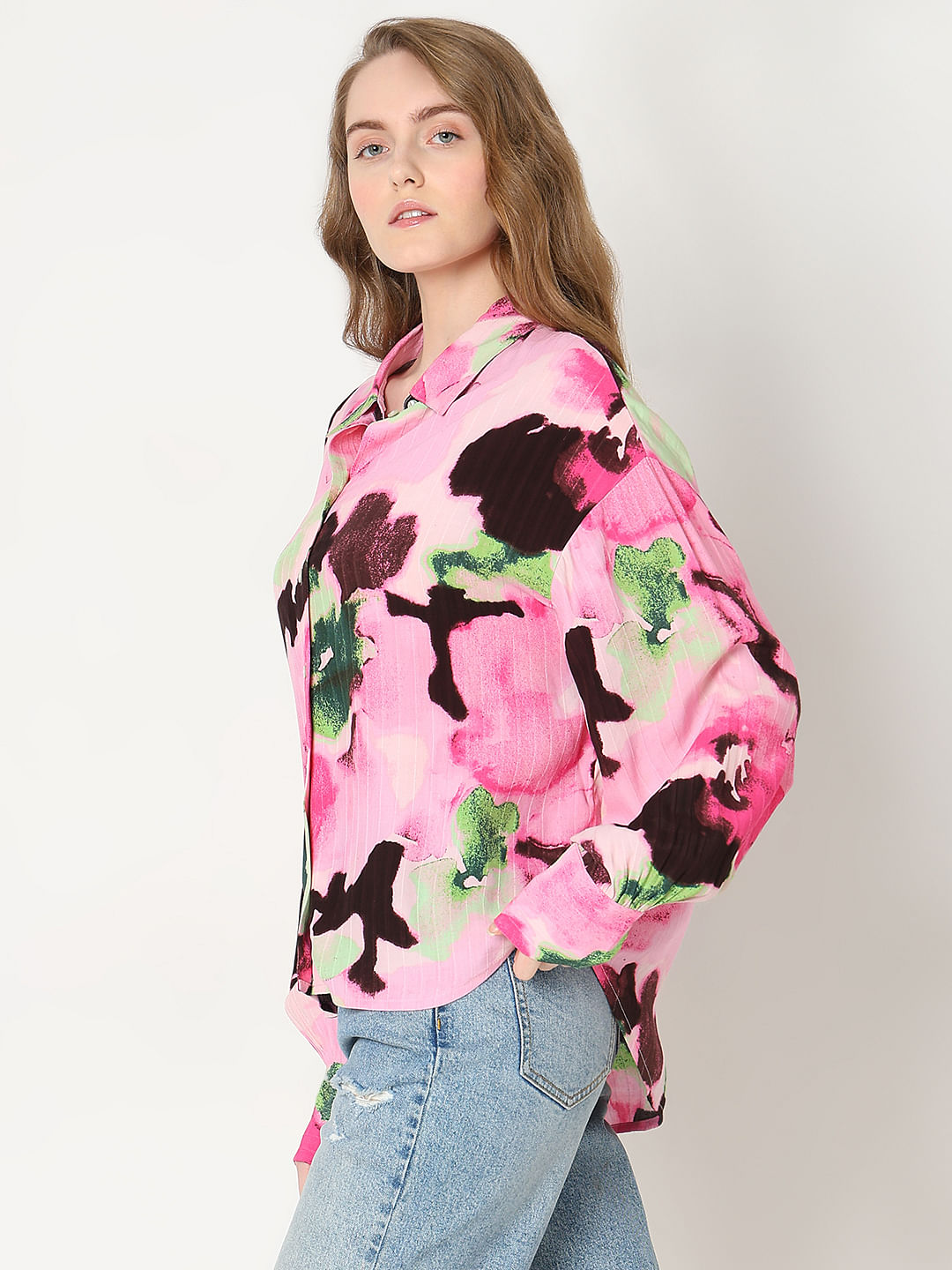 Pink Printed Asymmetric Shirt