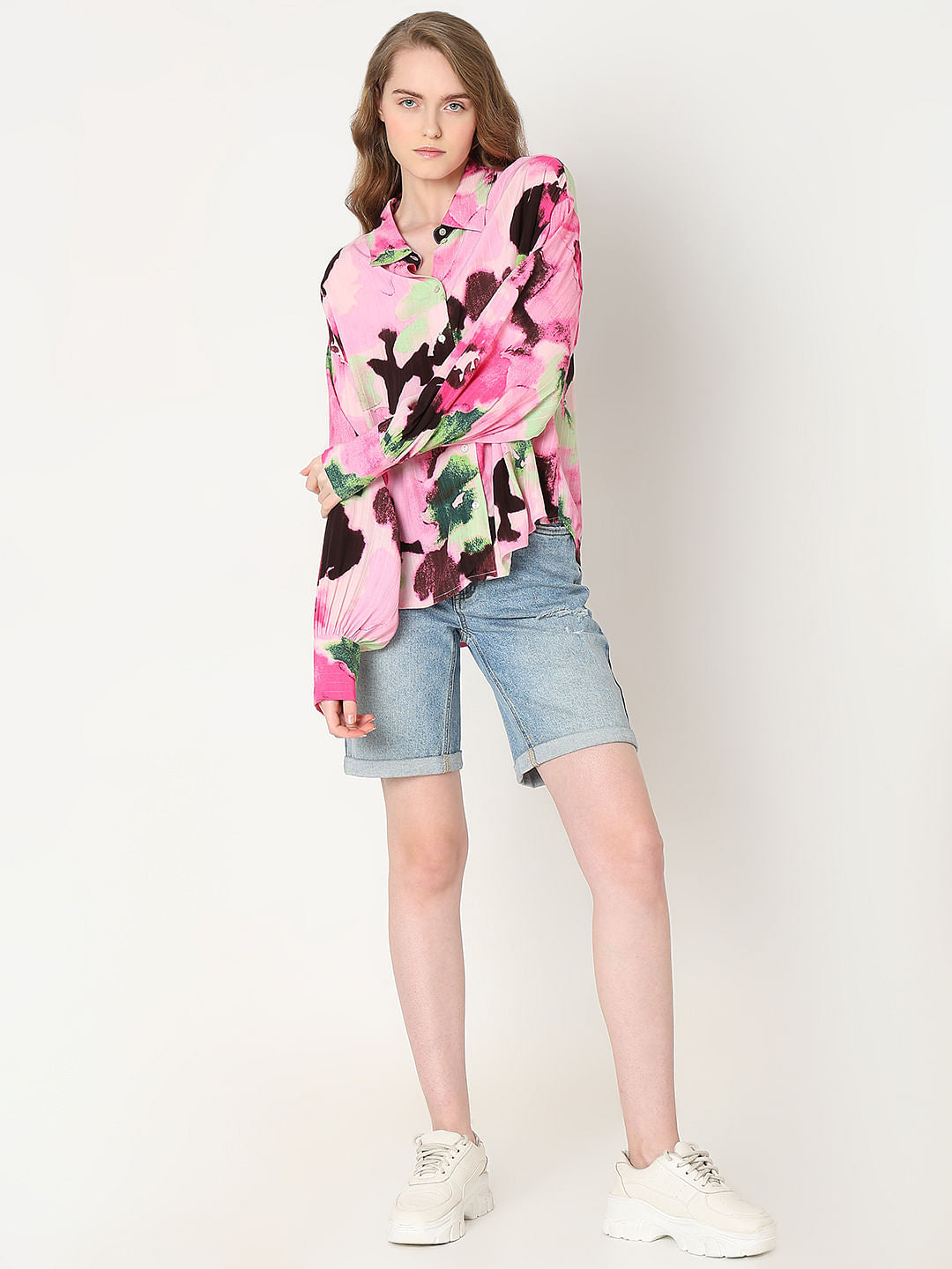 Pink Printed Asymmetric Shirt