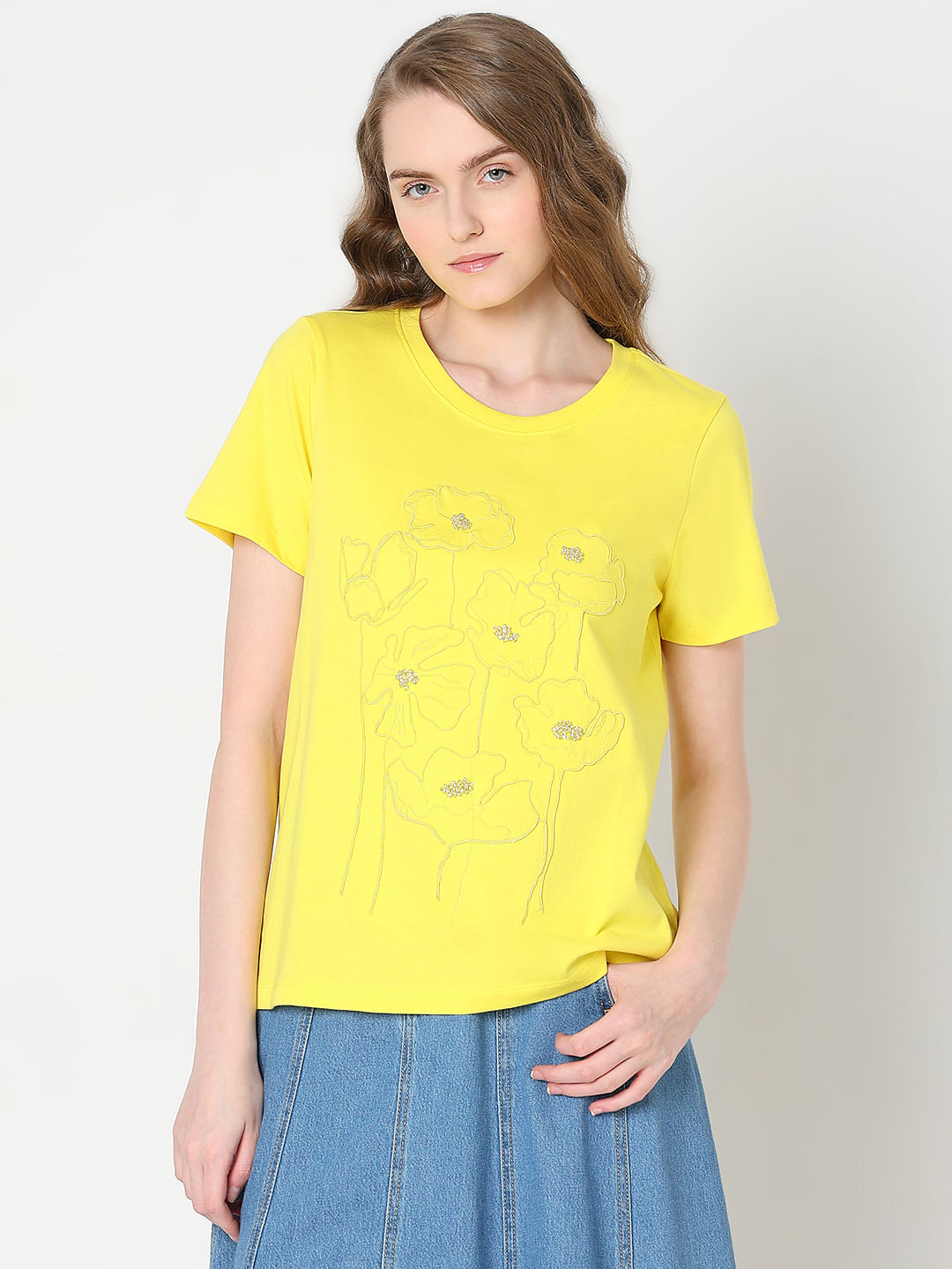 Yellow Cotton Printed T-Shirt