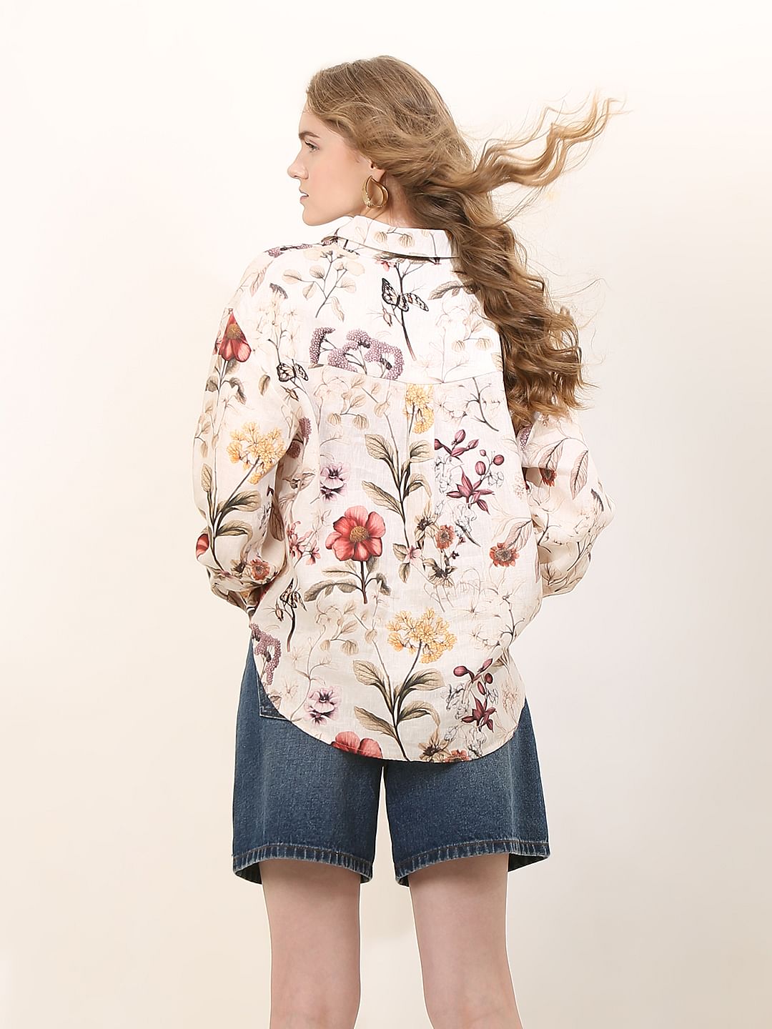 White Floral Print Linen Shirt