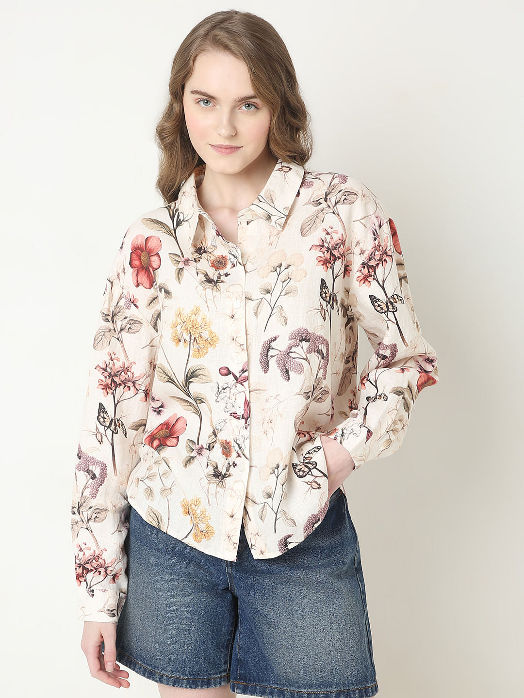 White Floral Print Linen Shirt