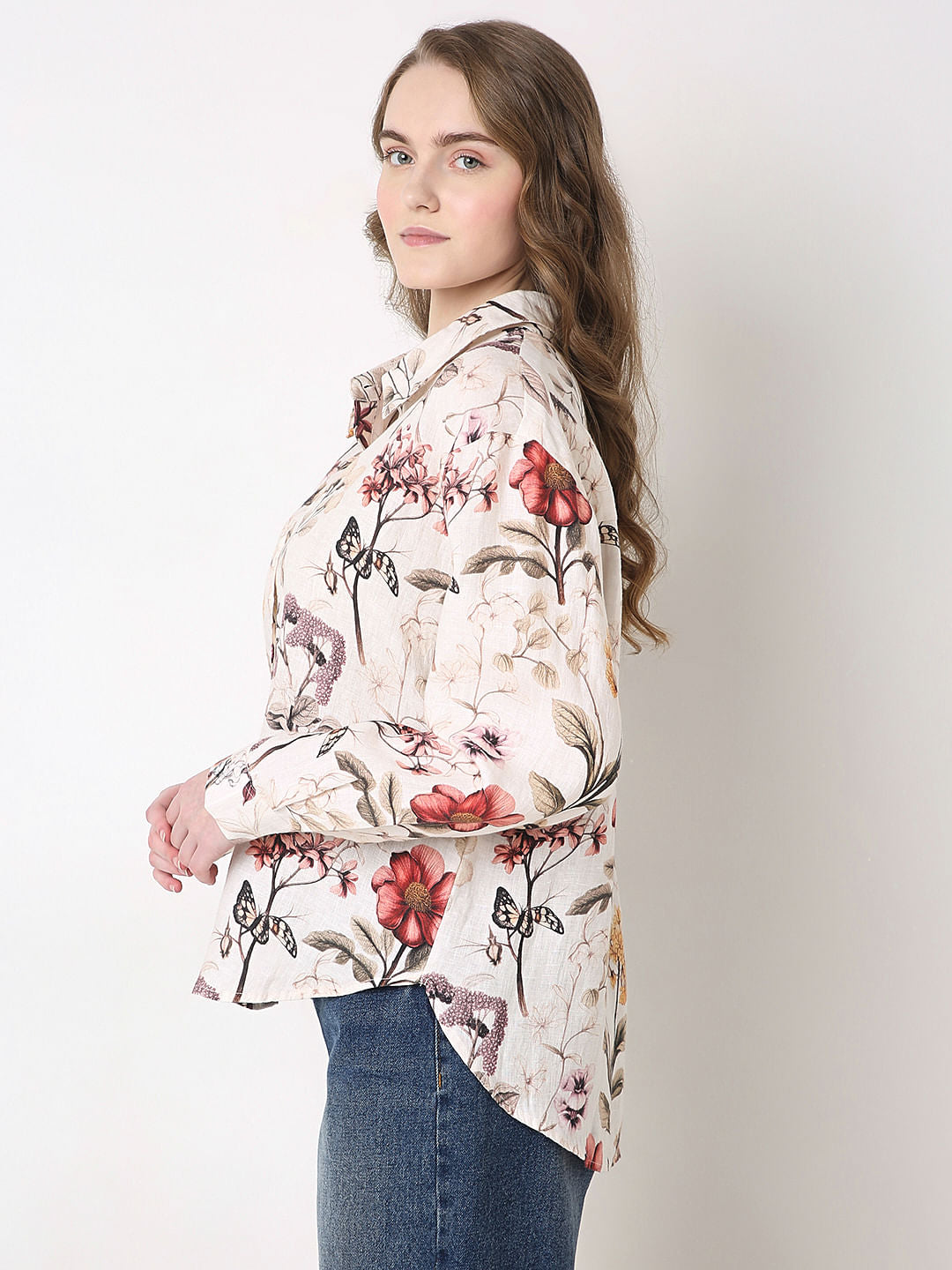 White Floral Print Linen Shirt