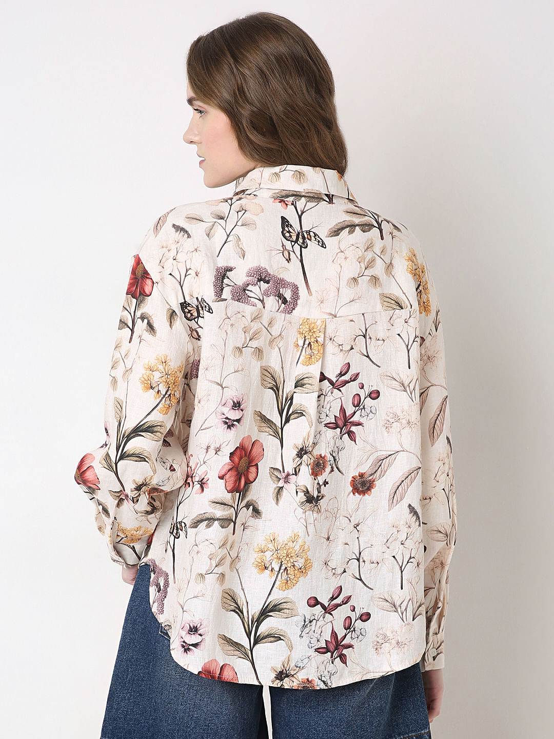 White Floral Print Linen Shirt