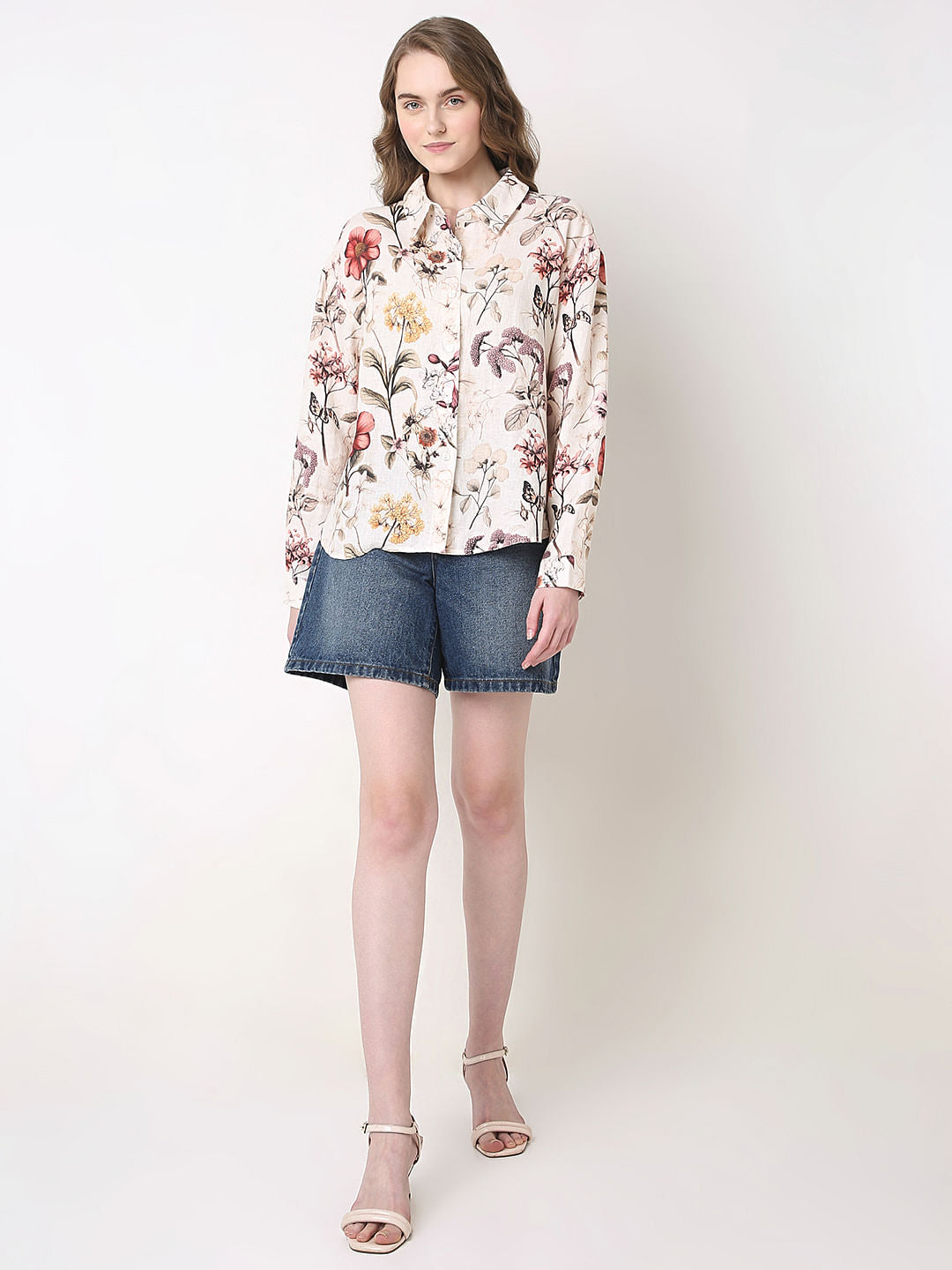 White Floral Print Linen Shirt