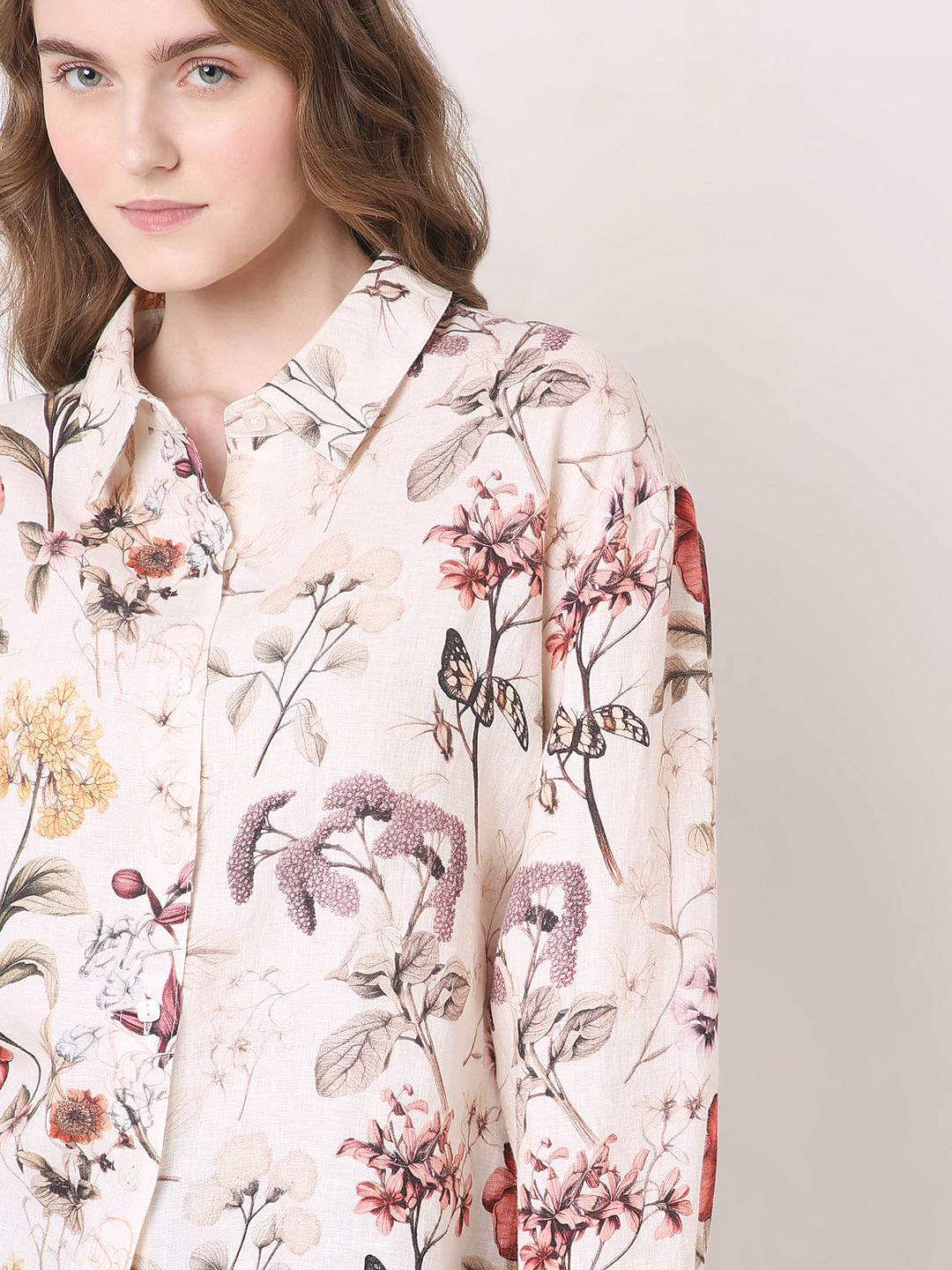 White Floral Print Linen Shirt