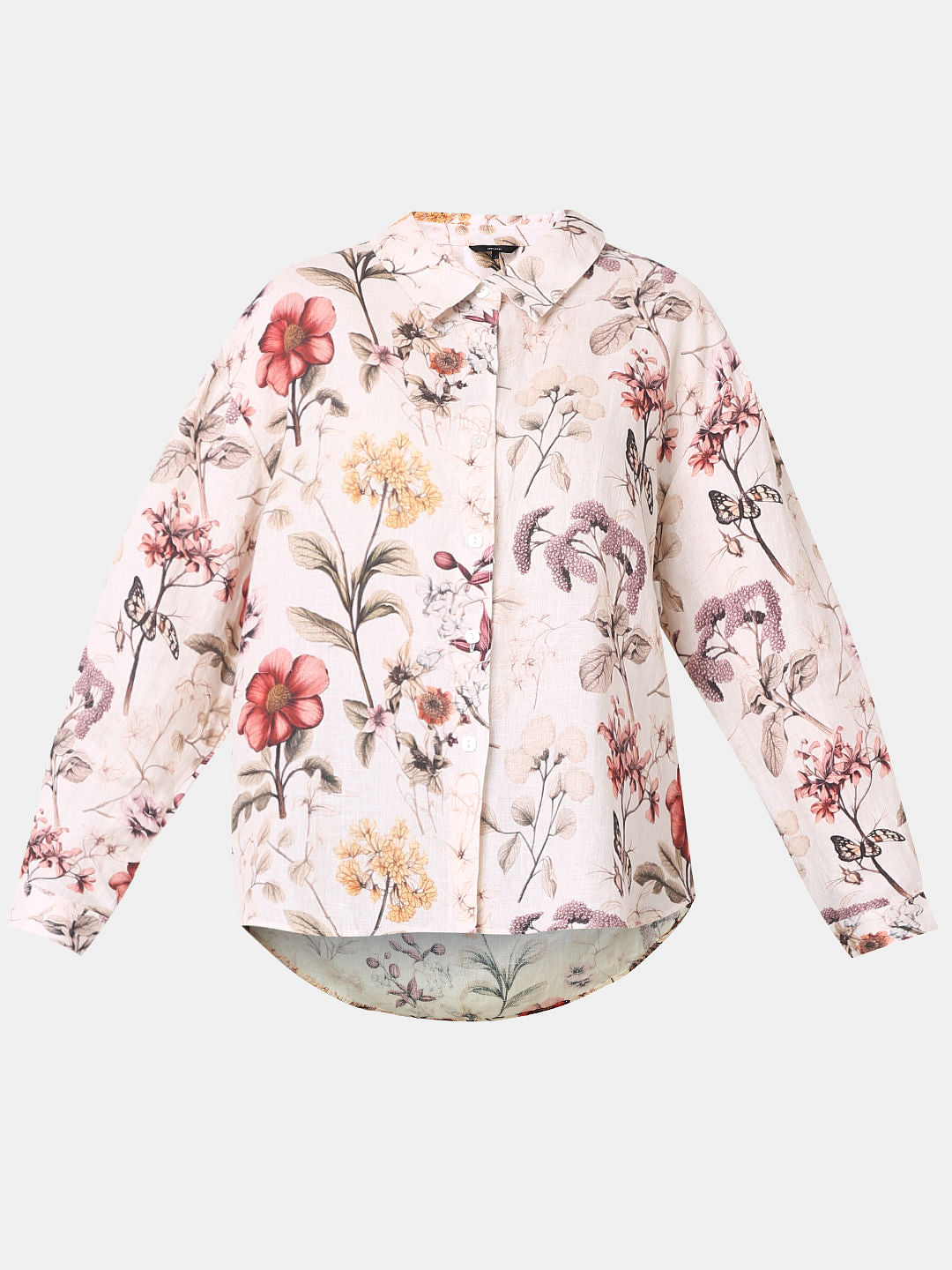 White Floral Print Linen Shirt