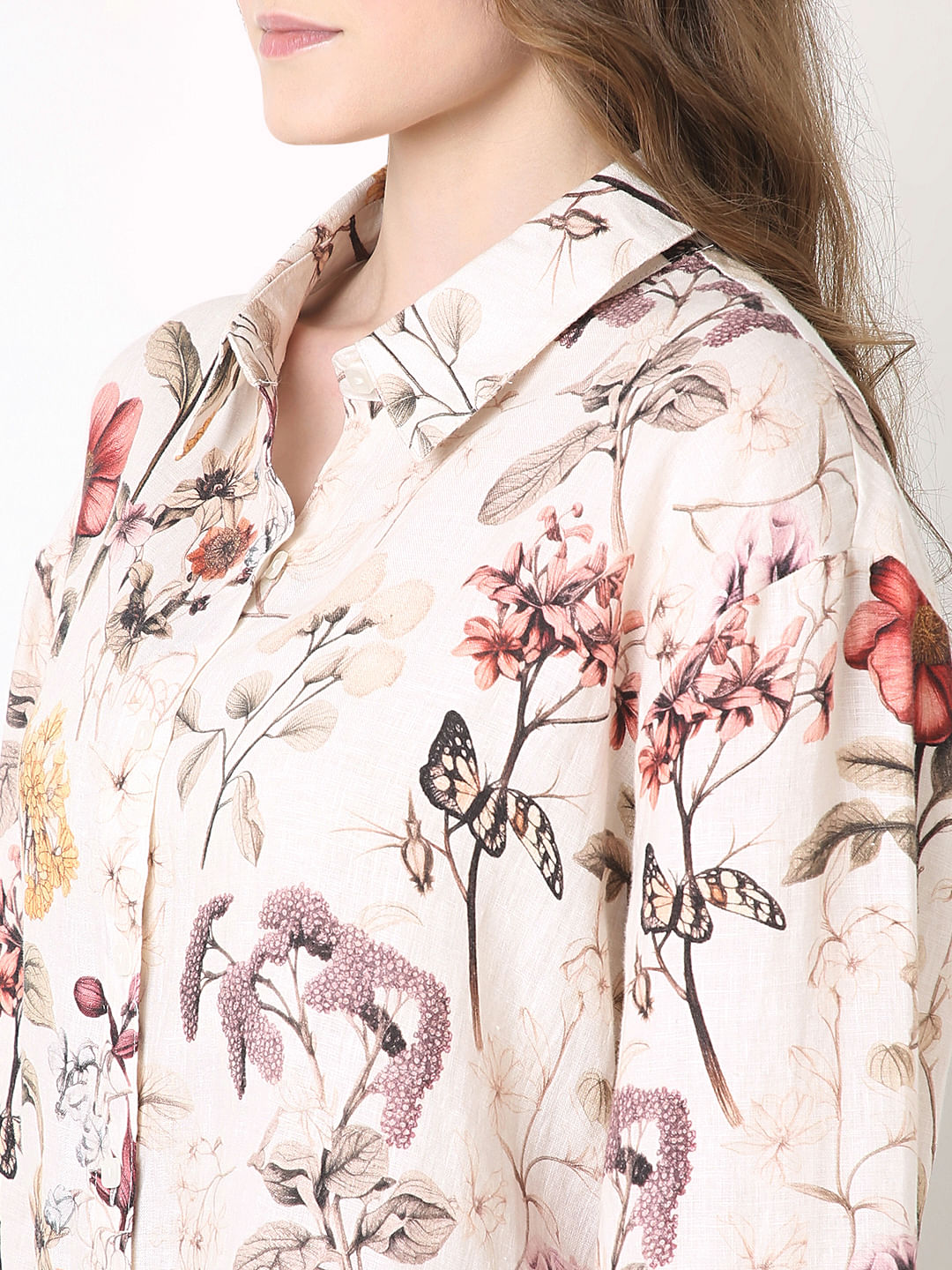 White Floral Print Linen Shirt