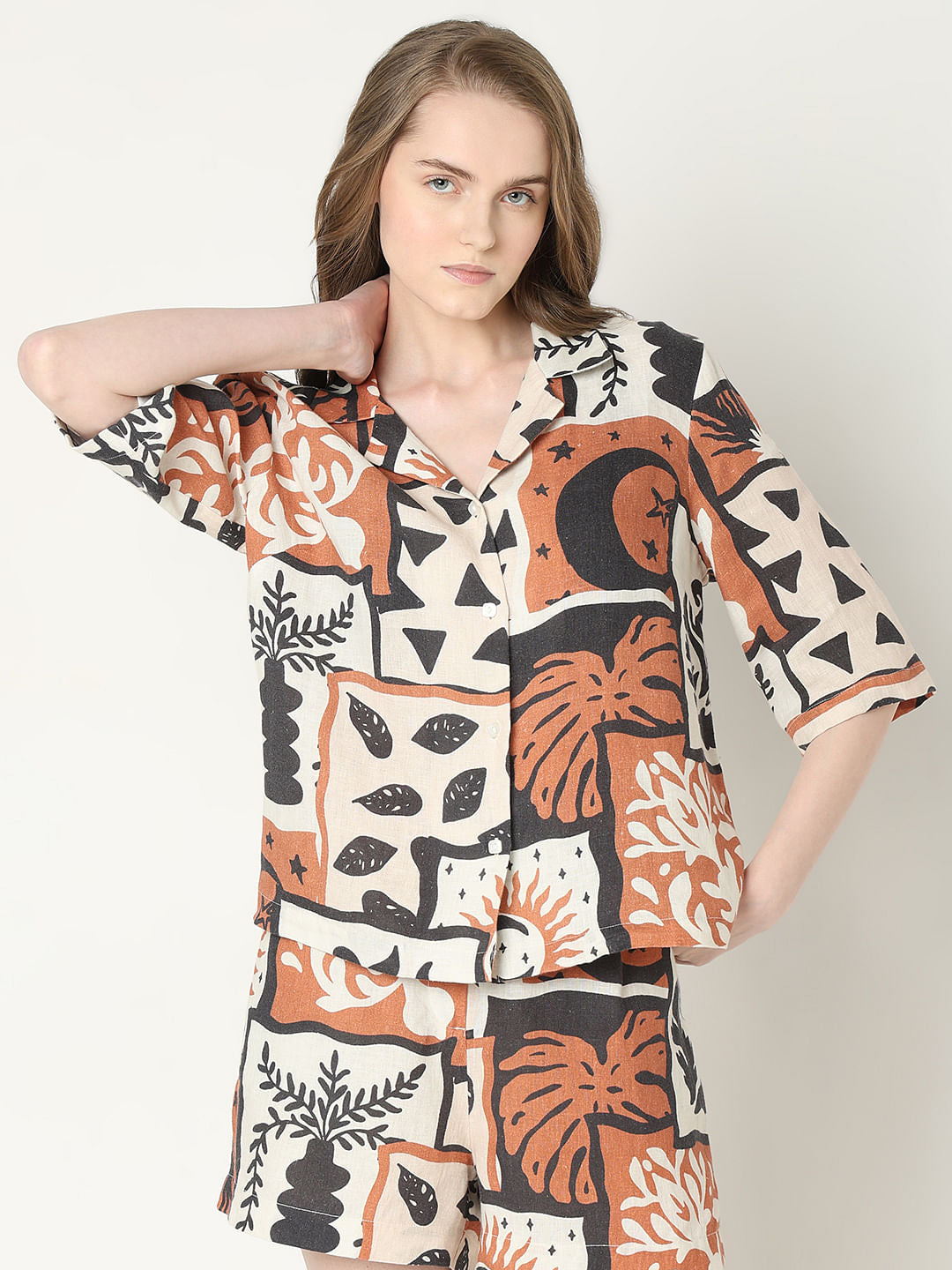 Light Brown Printed Linen Co-Ord Set Shirt