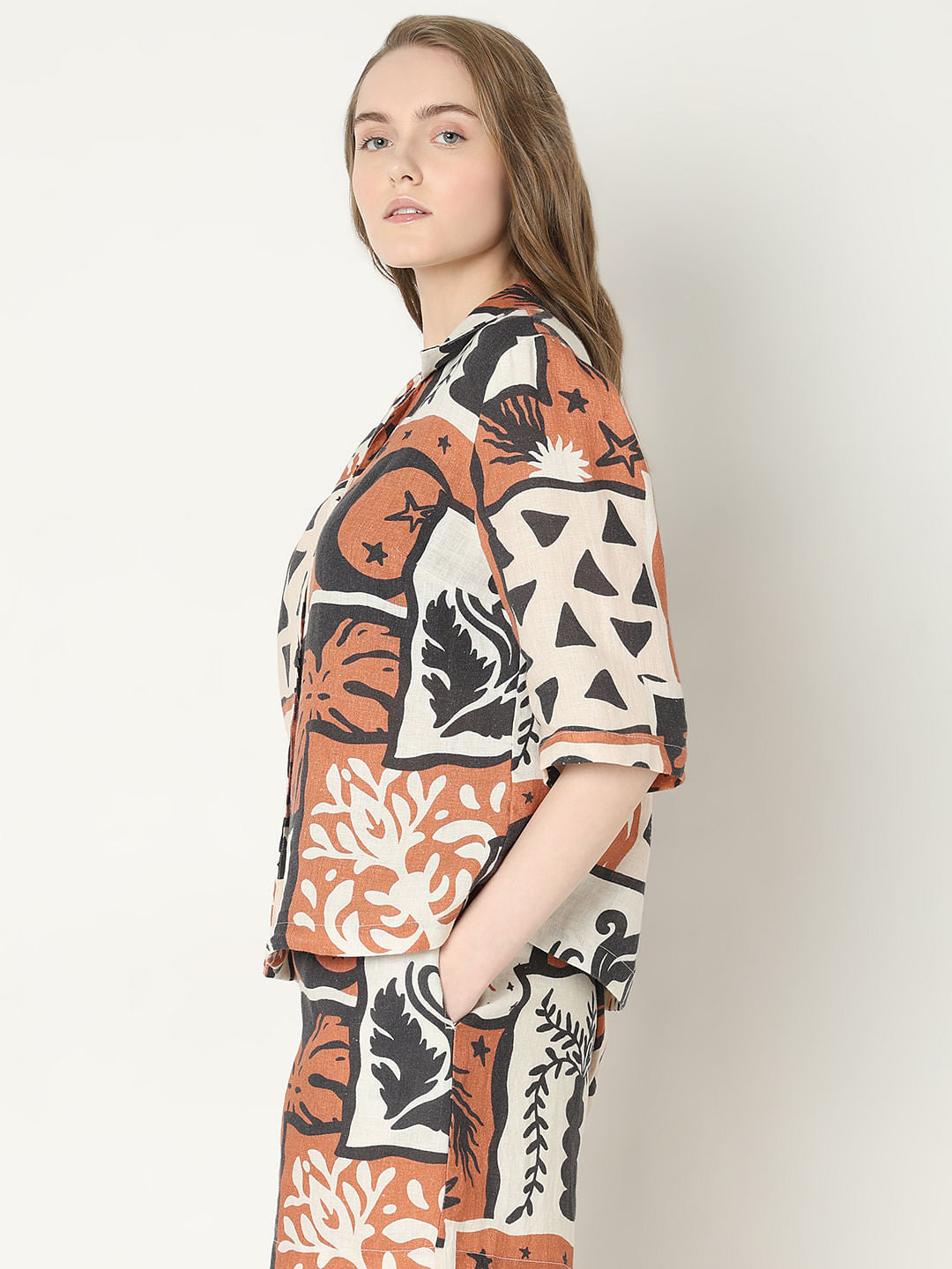 Light Brown Printed Linen Co-Ord Set Shirt