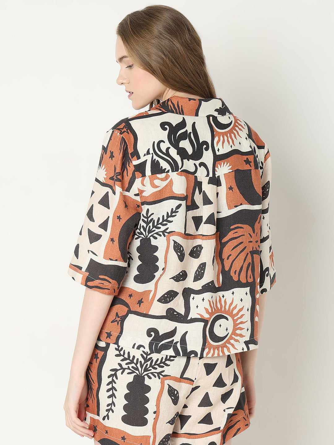 Light Brown Printed Linen Co-Ord Set Shirt