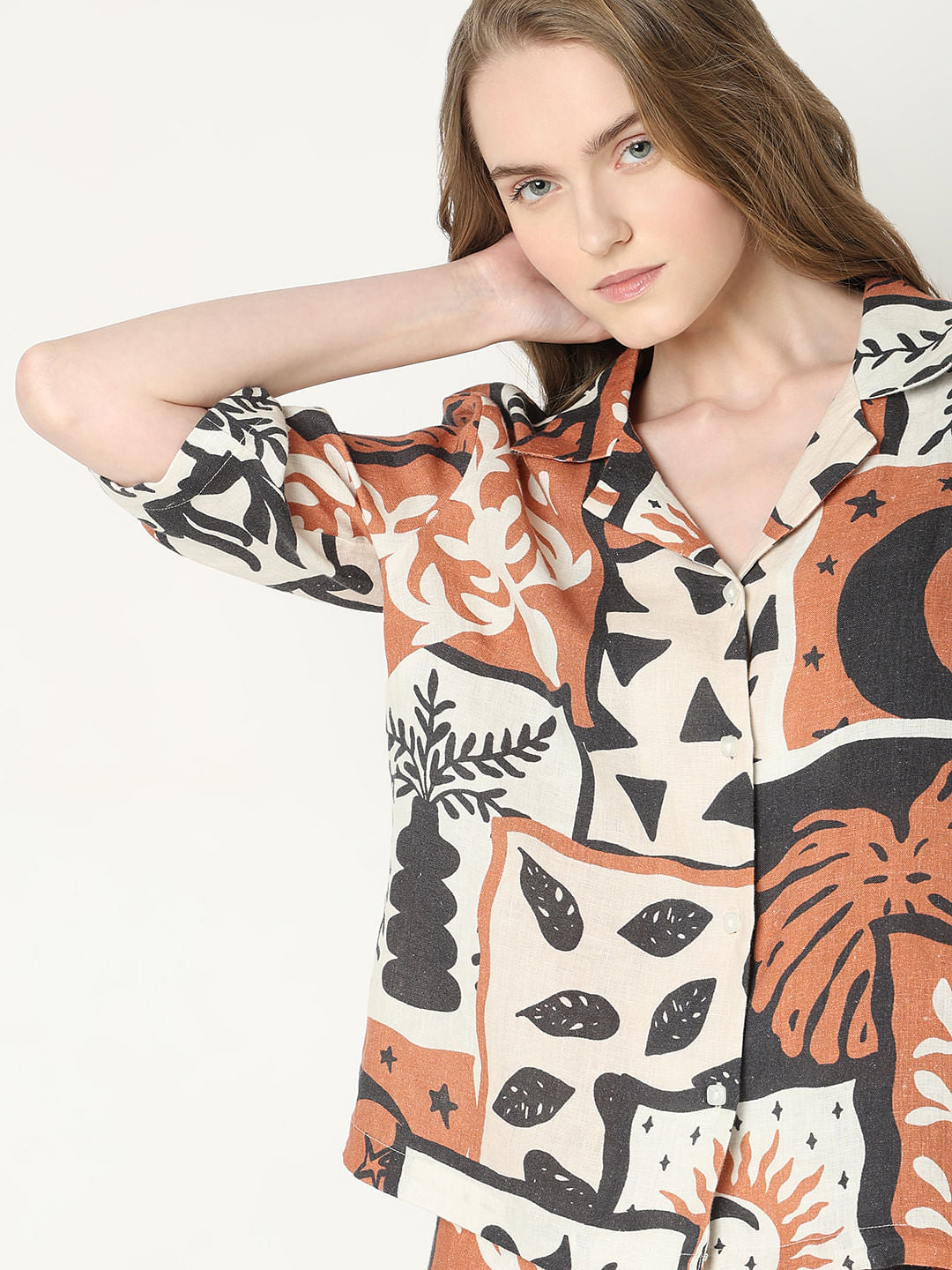 Light Brown Printed Linen Co-Ord Set Shirt