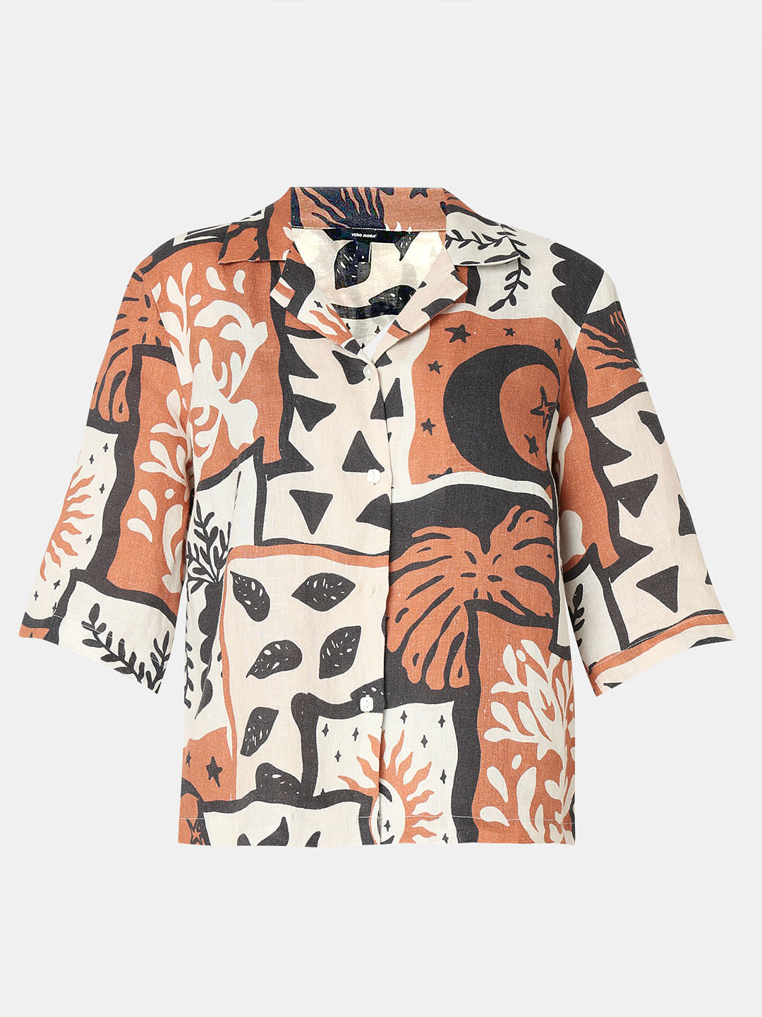 Light Brown Printed Linen Co-Ord Set Shirt