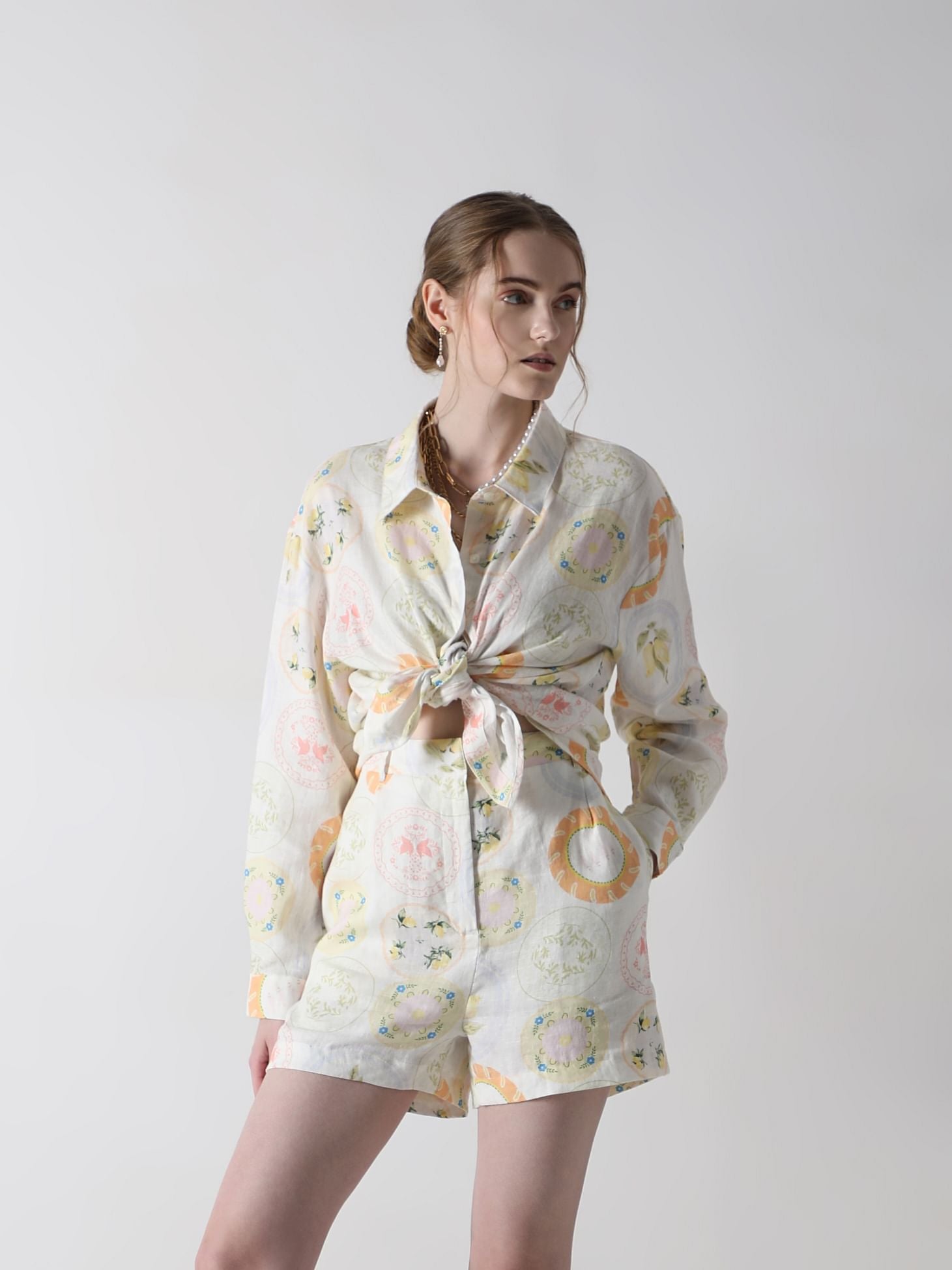 Off-White Printed Linen Co-Ord Set Shirt