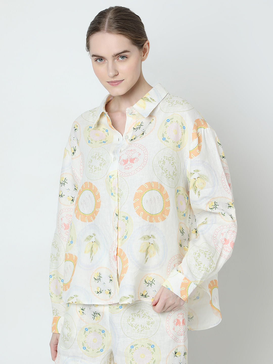 Off-White Printed Linen Co-Ord Set Shirt