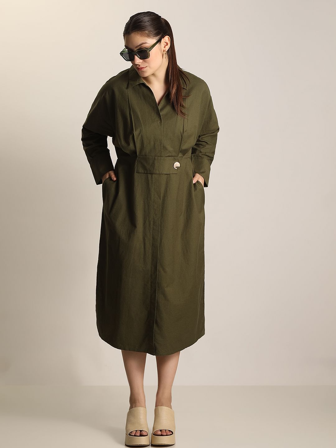 Curve Olive Green Midi Shirt Dress
