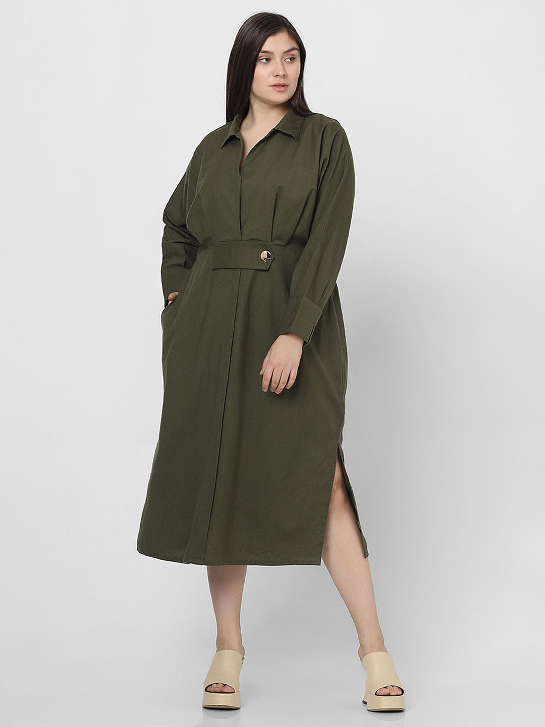 Curve Olive Green Midi Shirt Dress