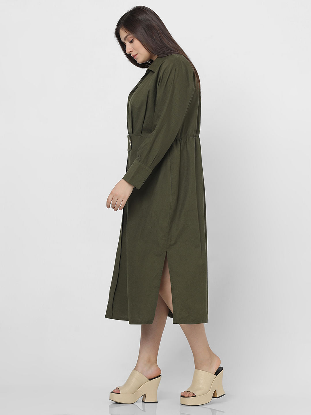 Curve Olive Green Midi Shirt Dress