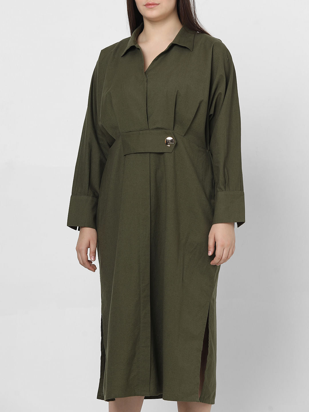 Curve Olive Green Midi Shirt Dress