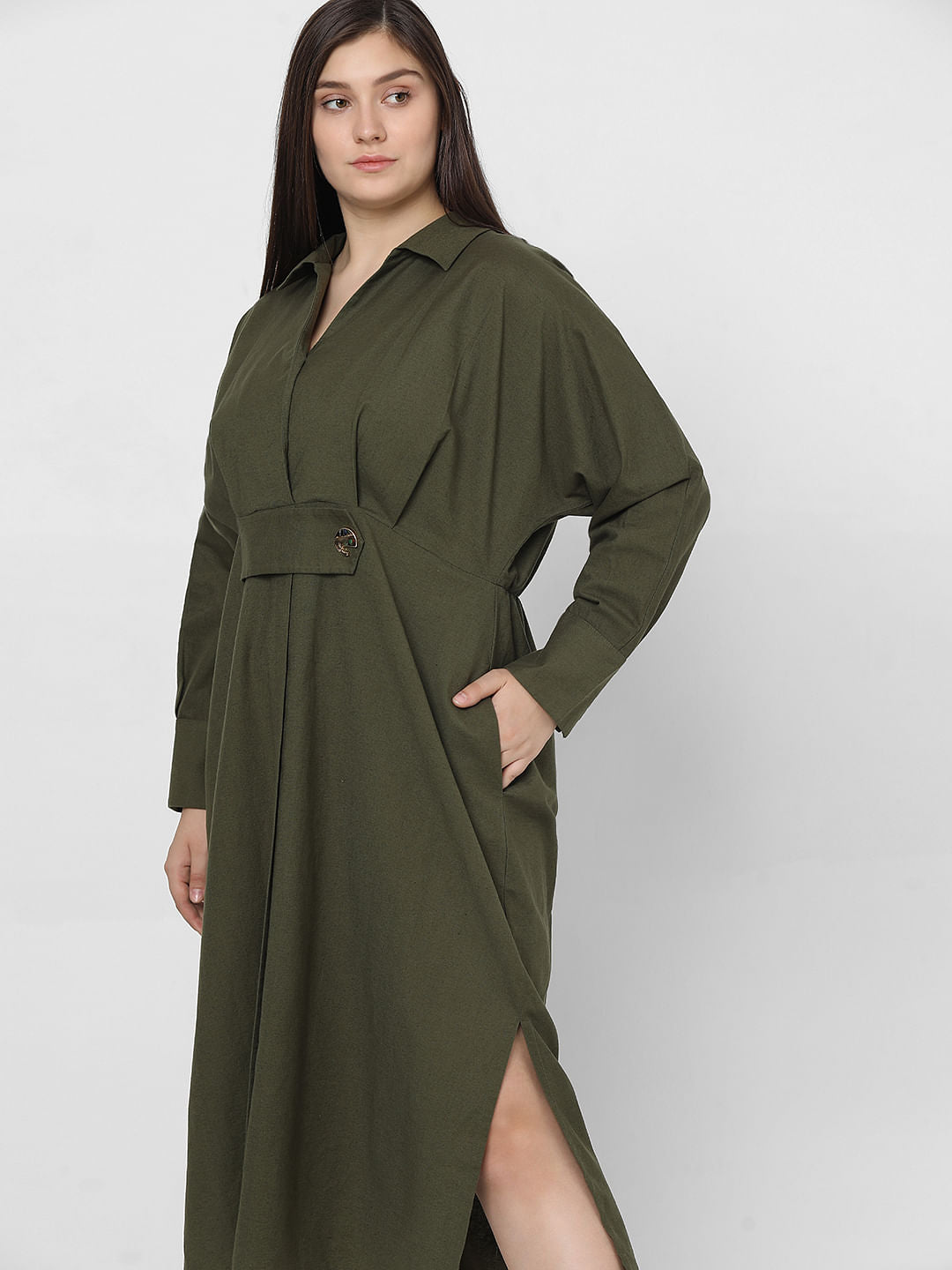 Curve Olive Green Midi Shirt Dress